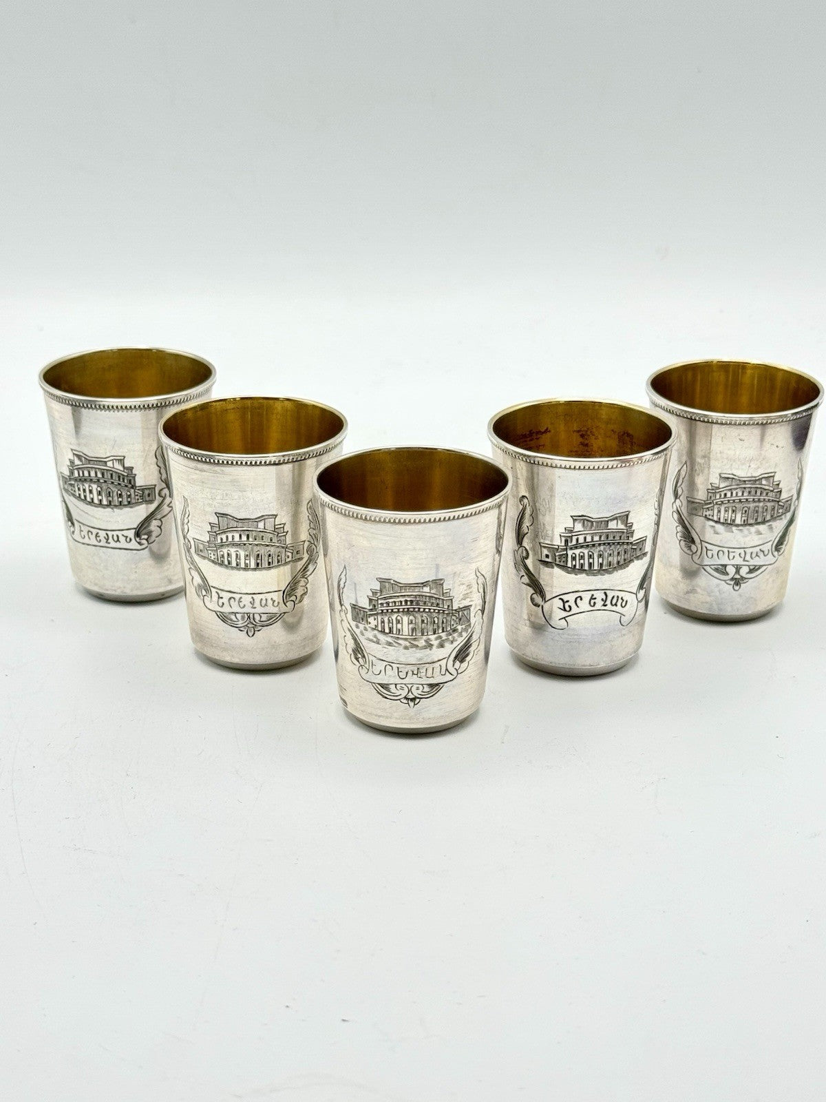 RARE 5 Soviet Armenian 875 Silver Vodka Cups AA9 Star Yerevan Opera 1955 Gilt
