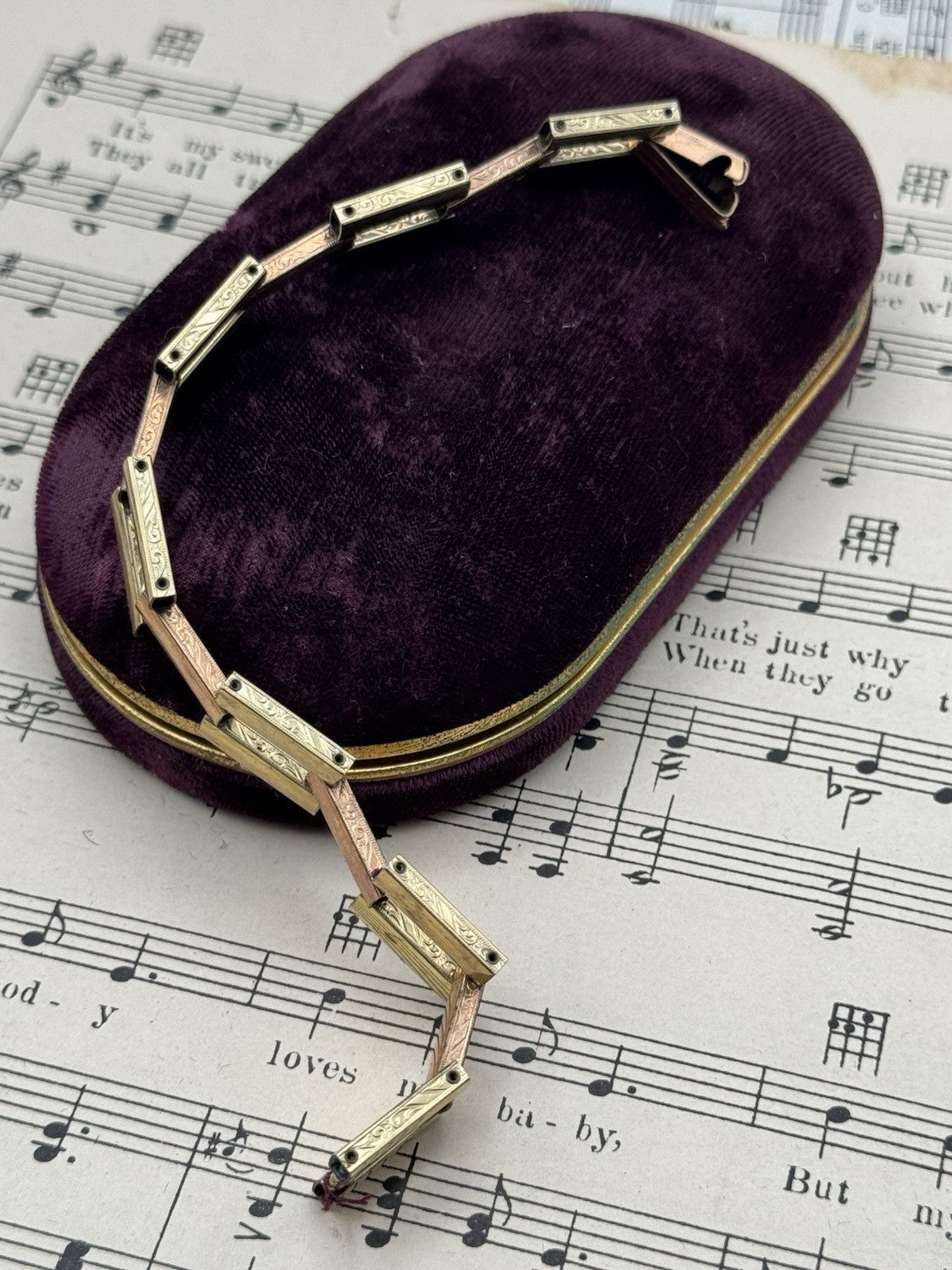 Vintage Art Deco 12k Gold Filled Link Bracelet 6.5”l X 0.6”w Geometric Design