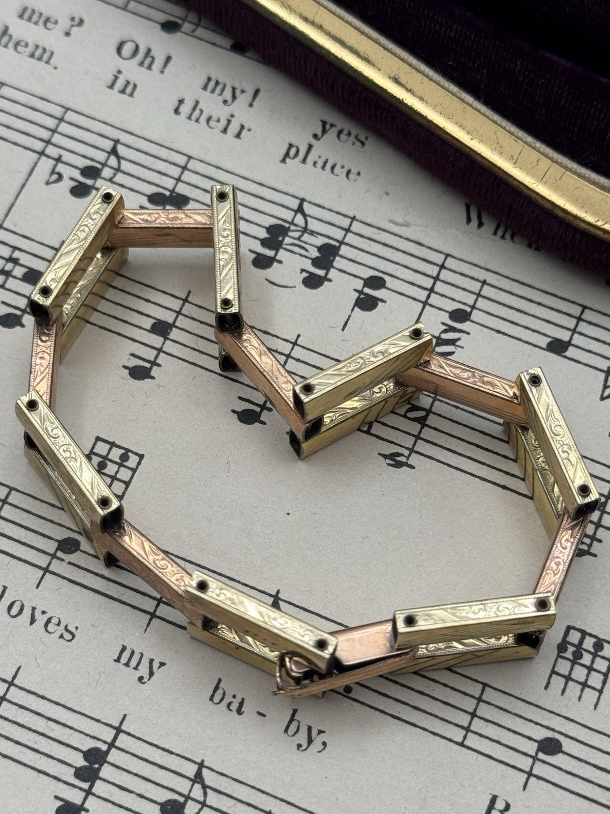 Vintage Art Deco 12k Gold Filled Link Bracelet 6.5”l X 0.6”w Geometric Design