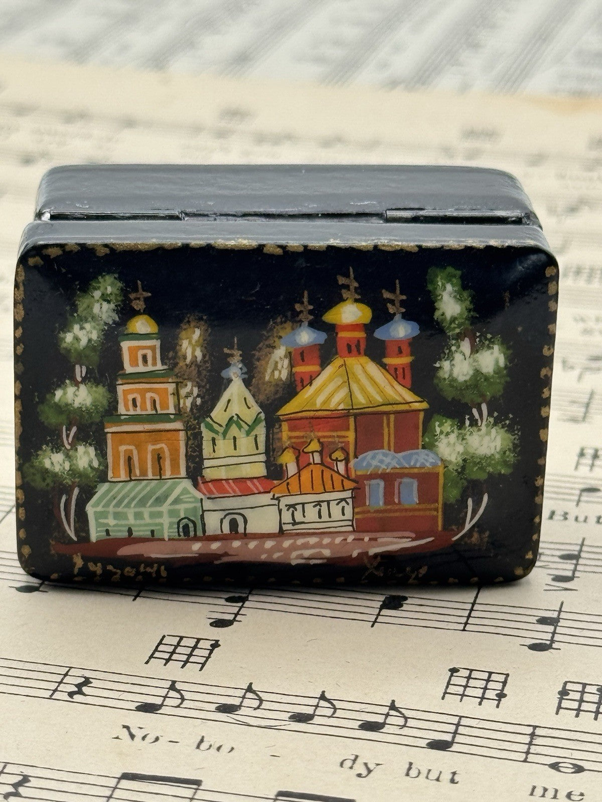 Vintage Russian Style Hand Painted Trinket Box SIGNED 2.25” X 1.5” X 1.25”