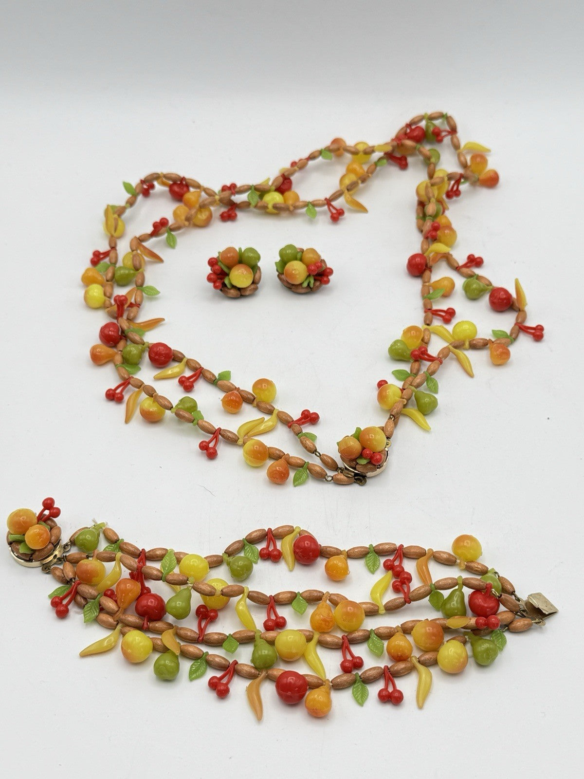 Vintage West Germany Plastic Fruit Jewelry Set Necklace Bracelet Earrings