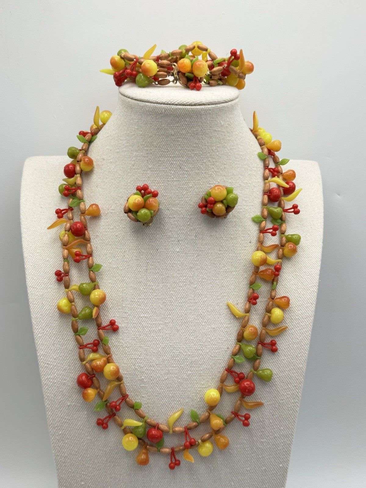 Vintage West Germany Plastic Fruit Jewelry Set Necklace Bracelet Earrings