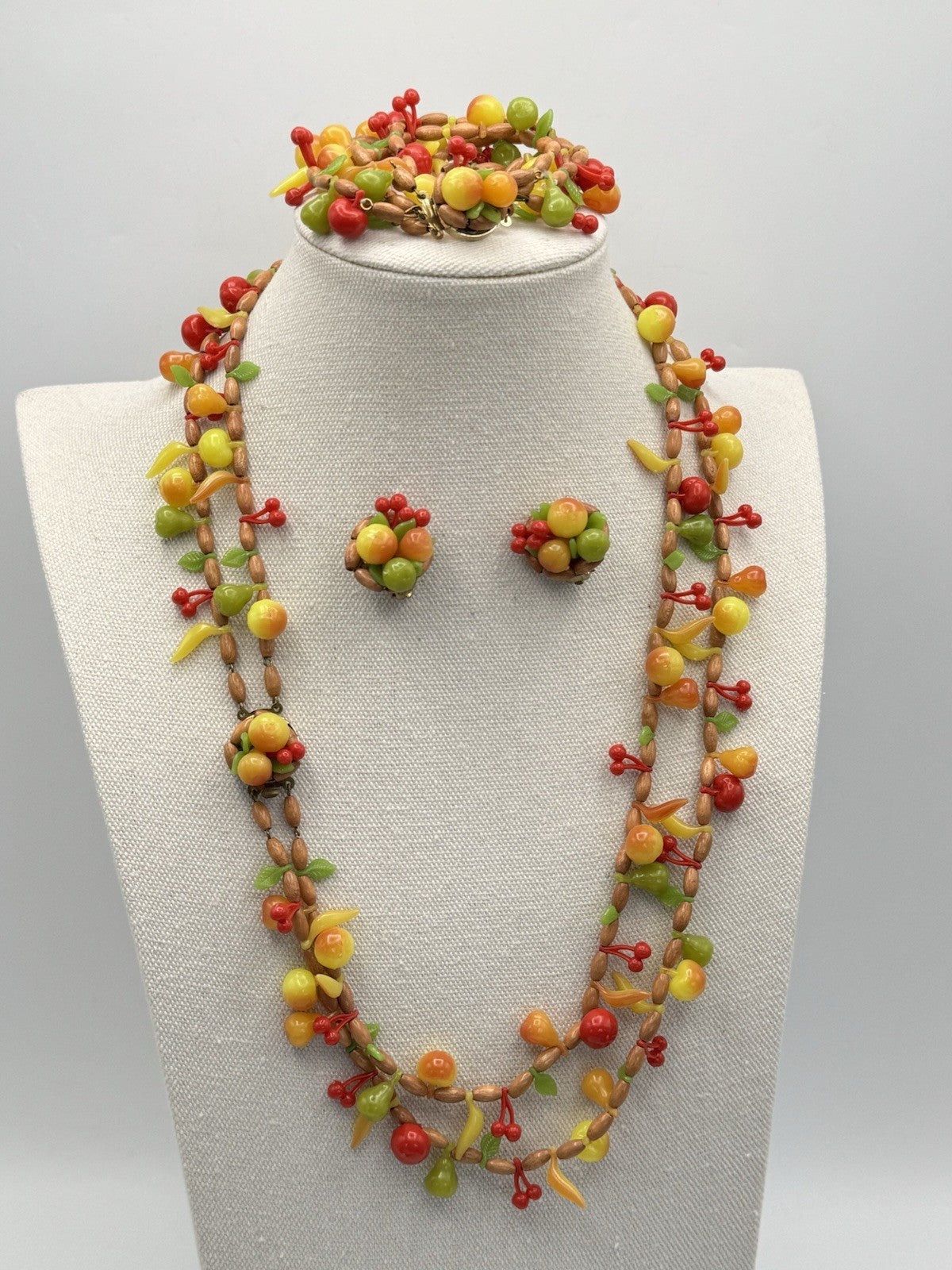 Vintage West Germany Plastic Fruit Jewelry Set Necklace Bracelet Earrings