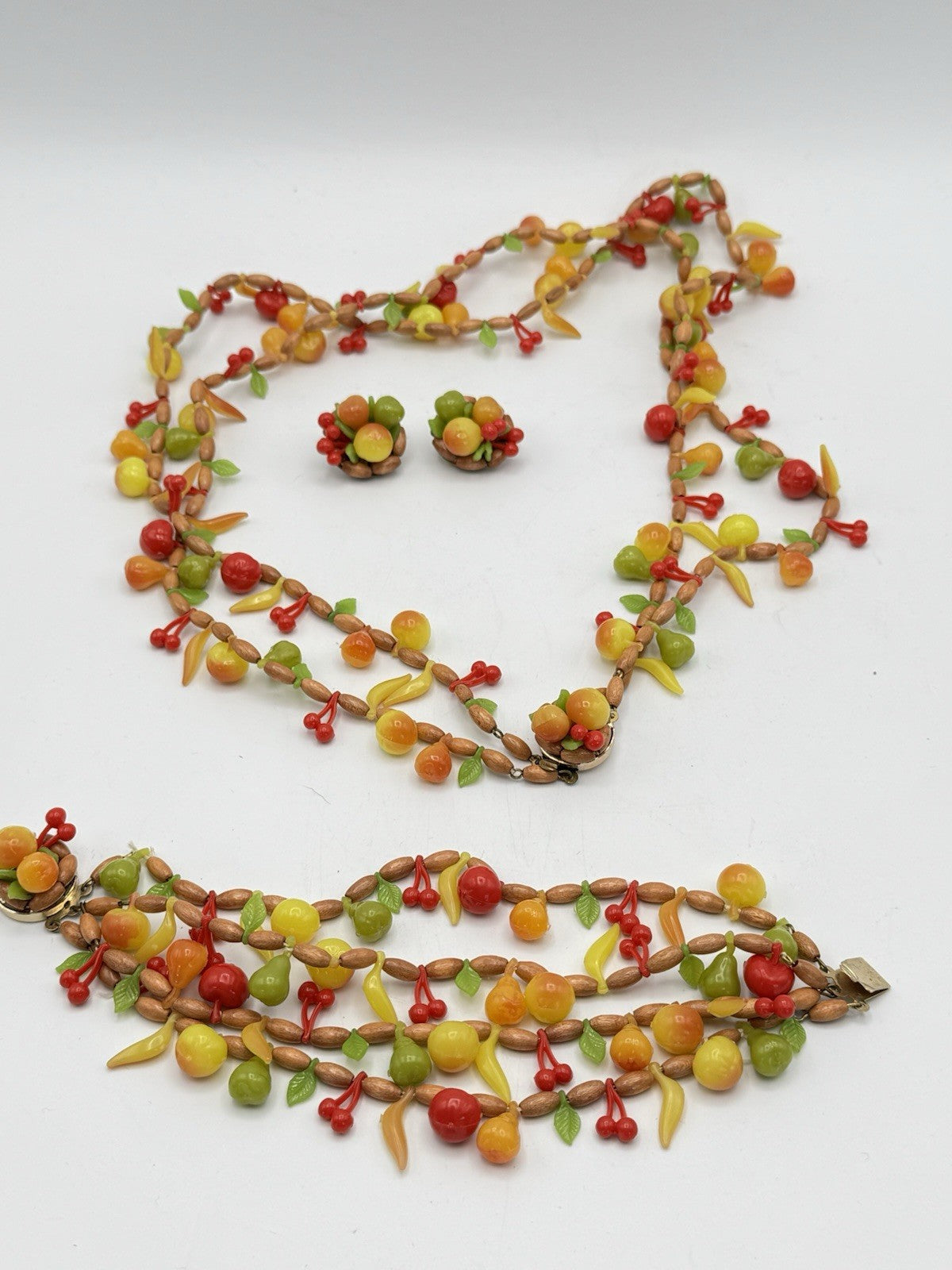 Vintage West Germany Plastic Fruit Jewelry Set Necklace Bracelet Earrings
