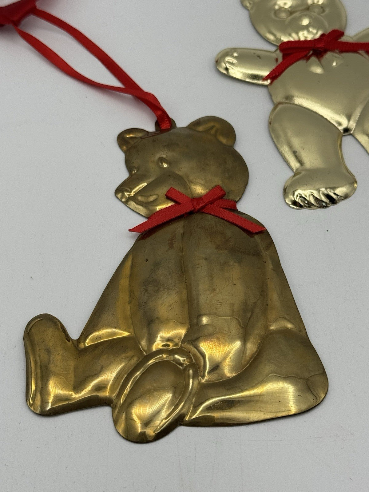 2 Brass Tone Teddy Bear Ornaments Large 4.25”h Small 4”h