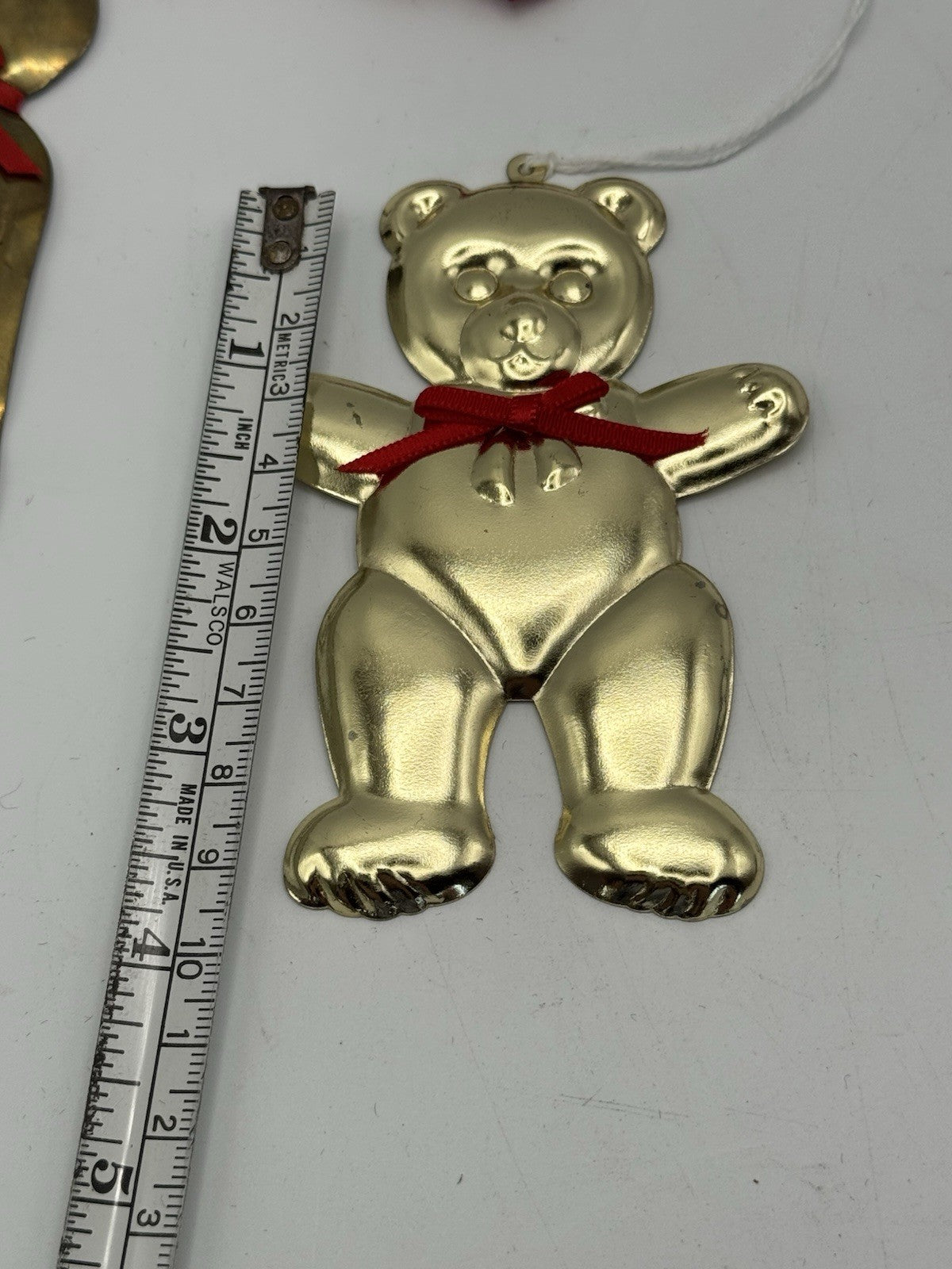 2 Brass Tone Teddy Bear Ornaments Large 4.25”h Small 4”h