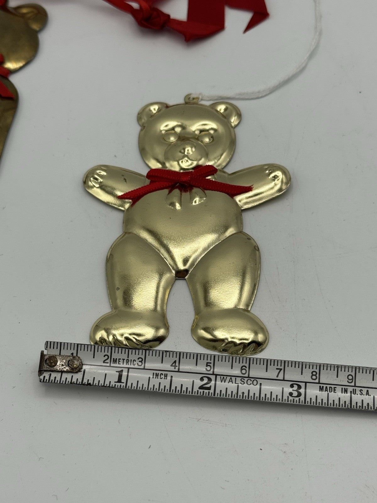 2 Brass Tone Teddy Bear Ornaments Large 4.25”h Small 4”h