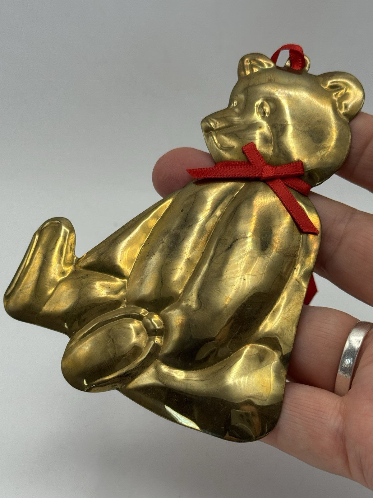 2 Brass Tone Teddy Bear Ornaments Large 4.25”h Small 4”h