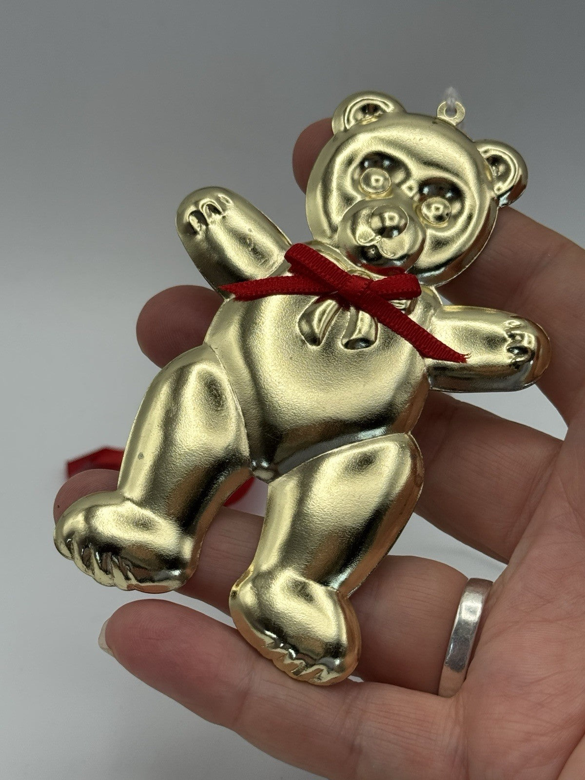 2 Brass Tone Teddy Bear Ornaments Large 4.25”h Small 4”h