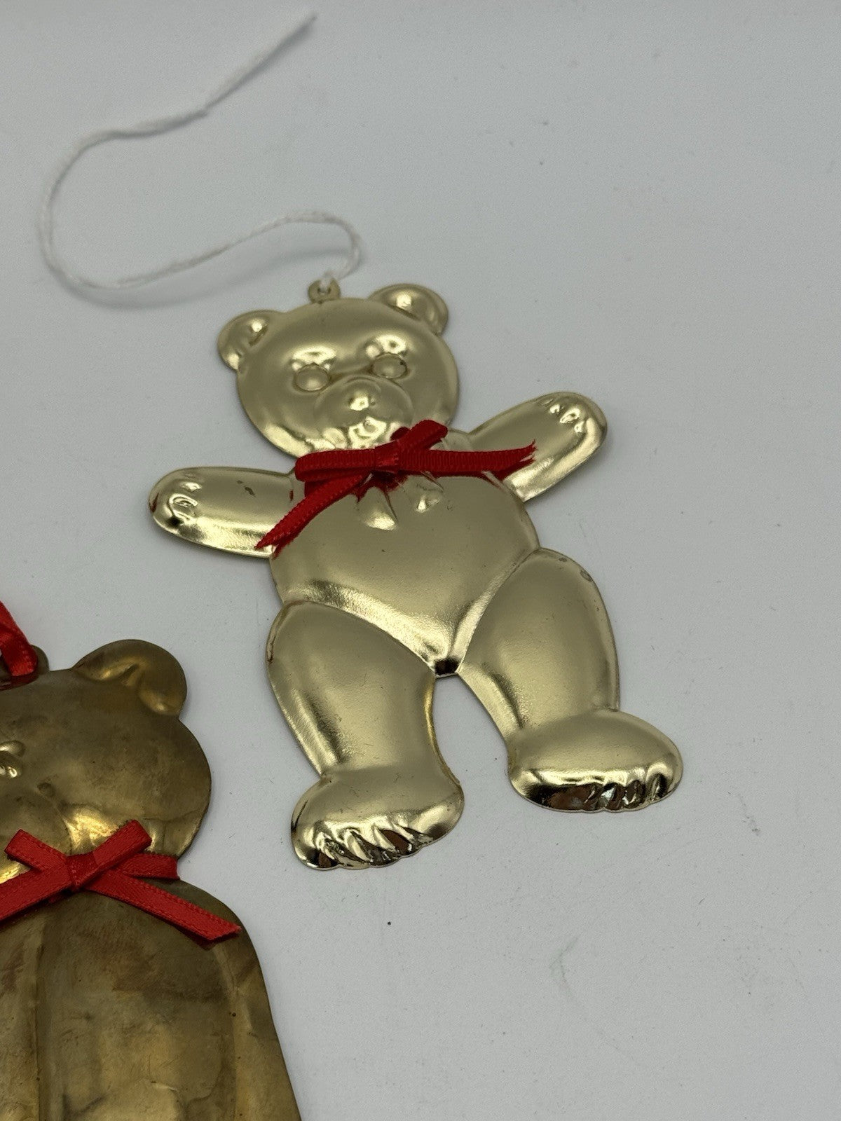 2 Brass Tone Teddy Bear Ornaments Large 4.25”h Small 4”h