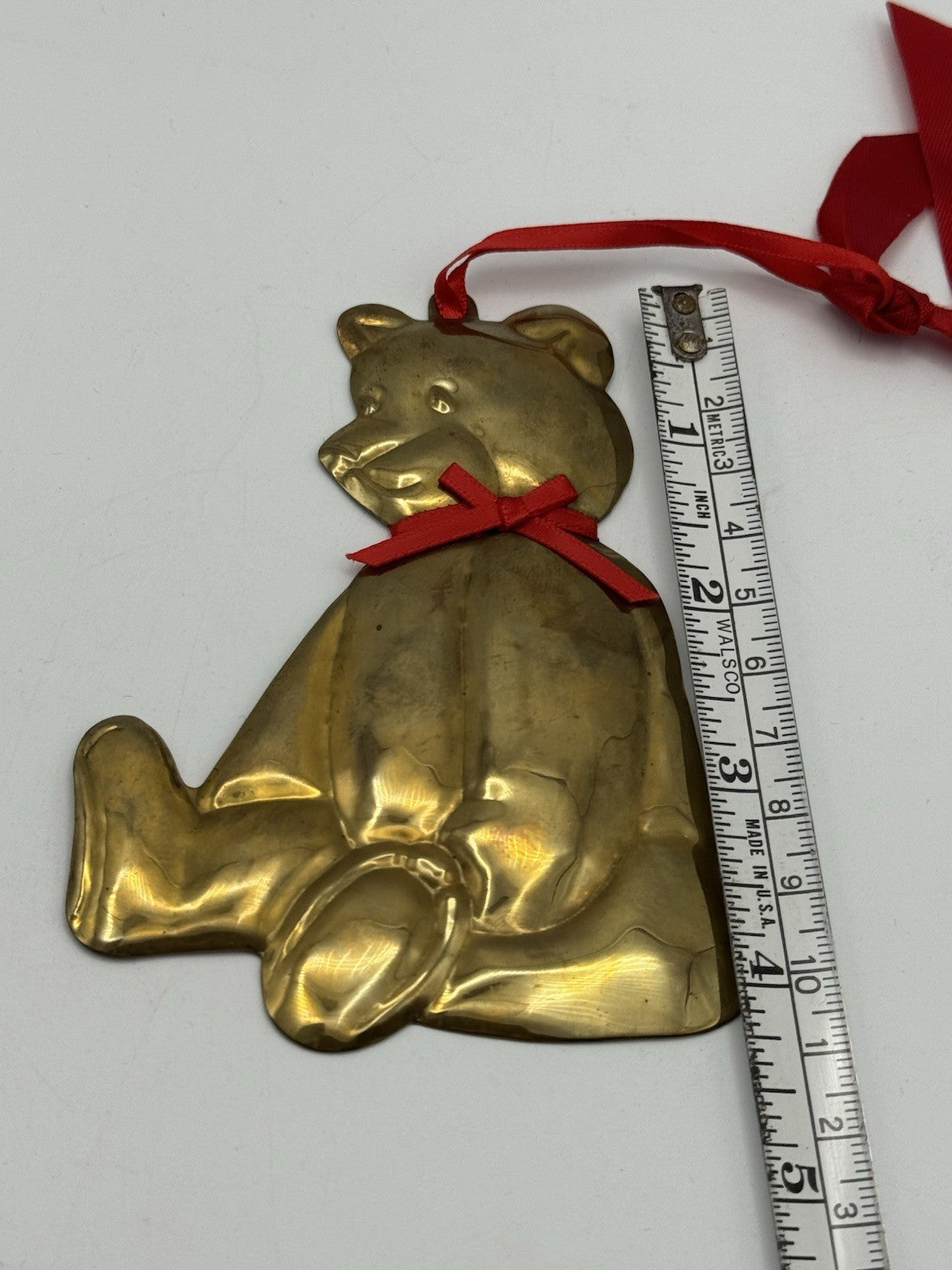2 Brass Tone Teddy Bear Ornaments Large 4.25”h Small 4”h