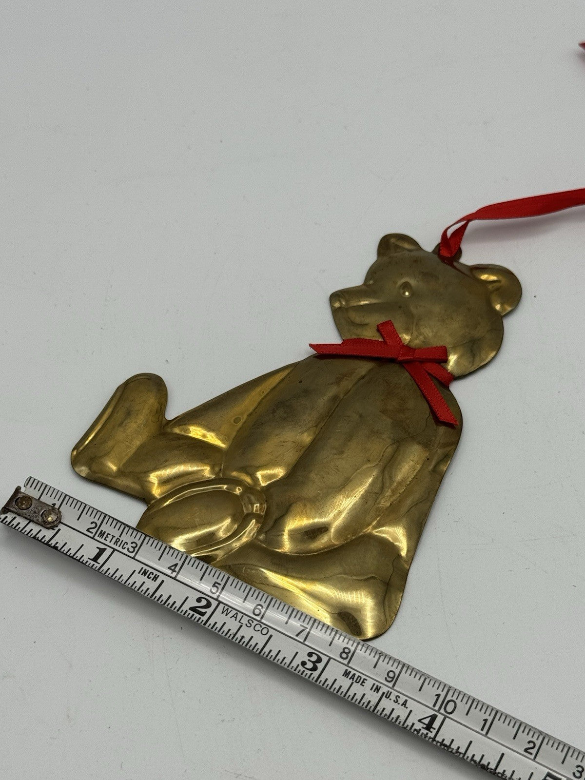 2 Brass Tone Teddy Bear Ornaments Large 4.25”h Small 4”h