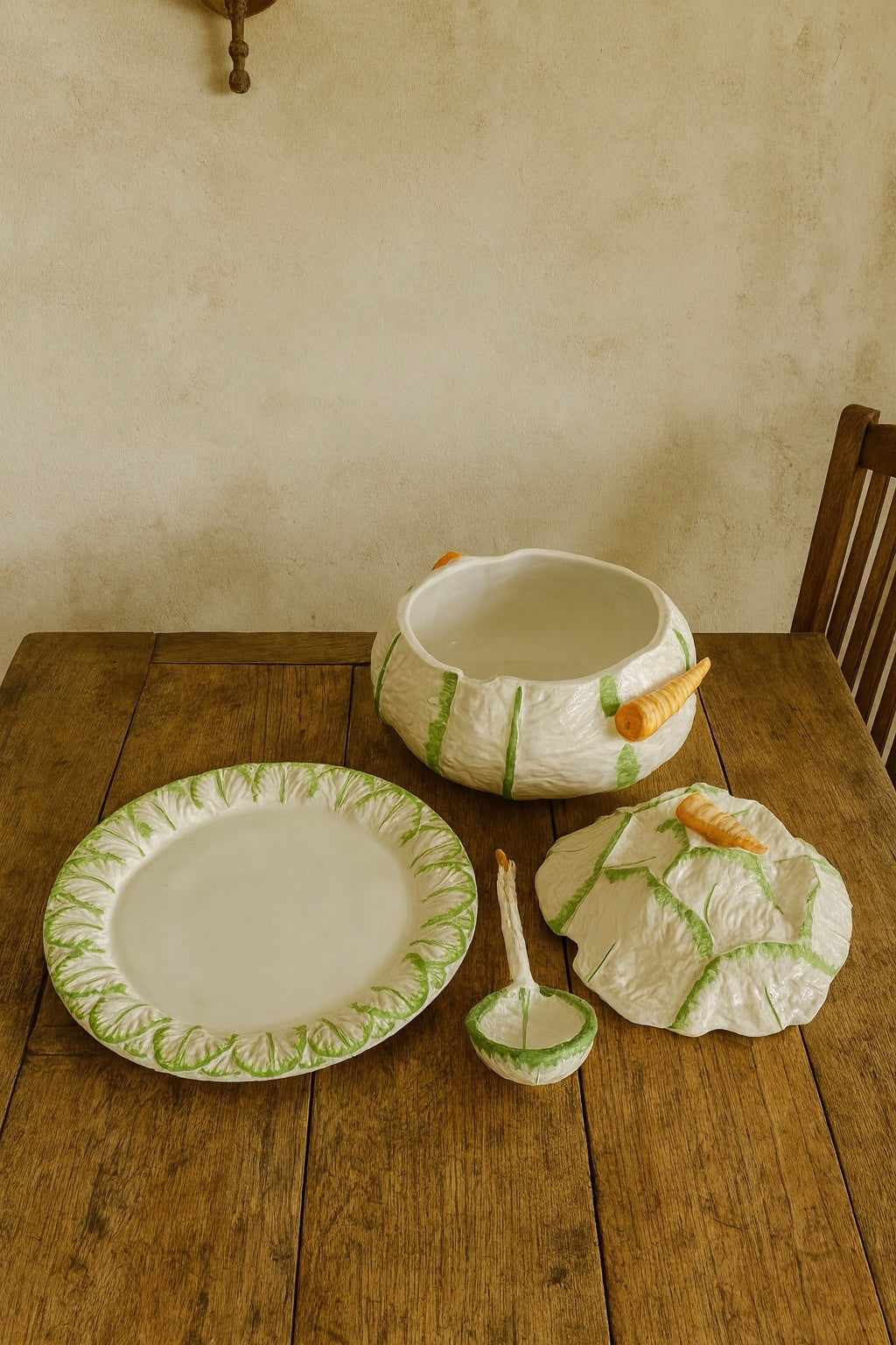 VINTAGE Italian Majolica Cabbage Tureen Set Carrot Handles Platter Ladle RARE