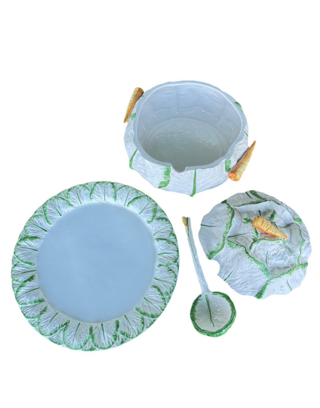 VINTAGE Italian Majolica Cabbage Tureen Set Carrot Handles Platter Ladle RARE