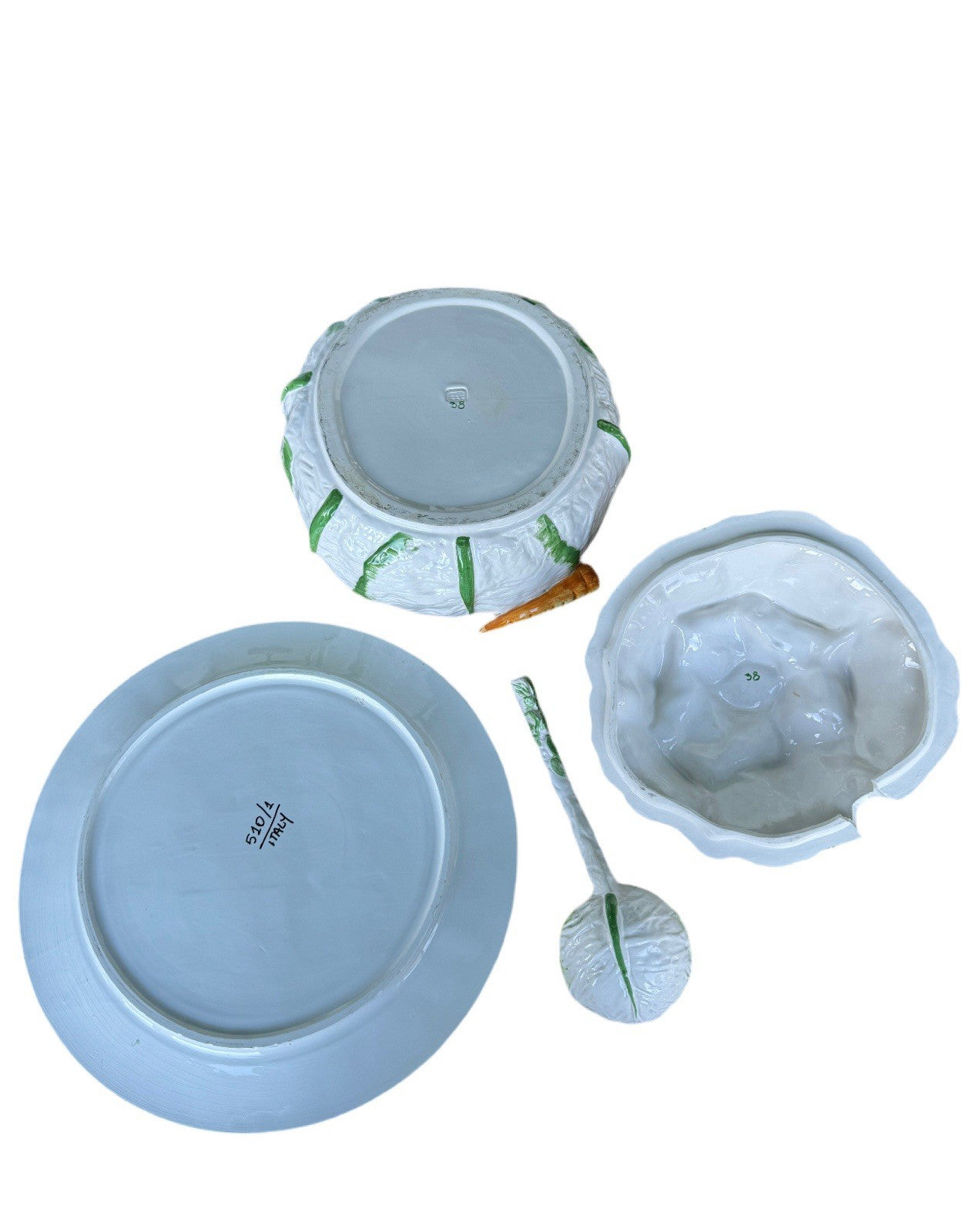 VINTAGE Italian Majolica Cabbage Tureen Set Carrot Handles Platter Ladle RARE