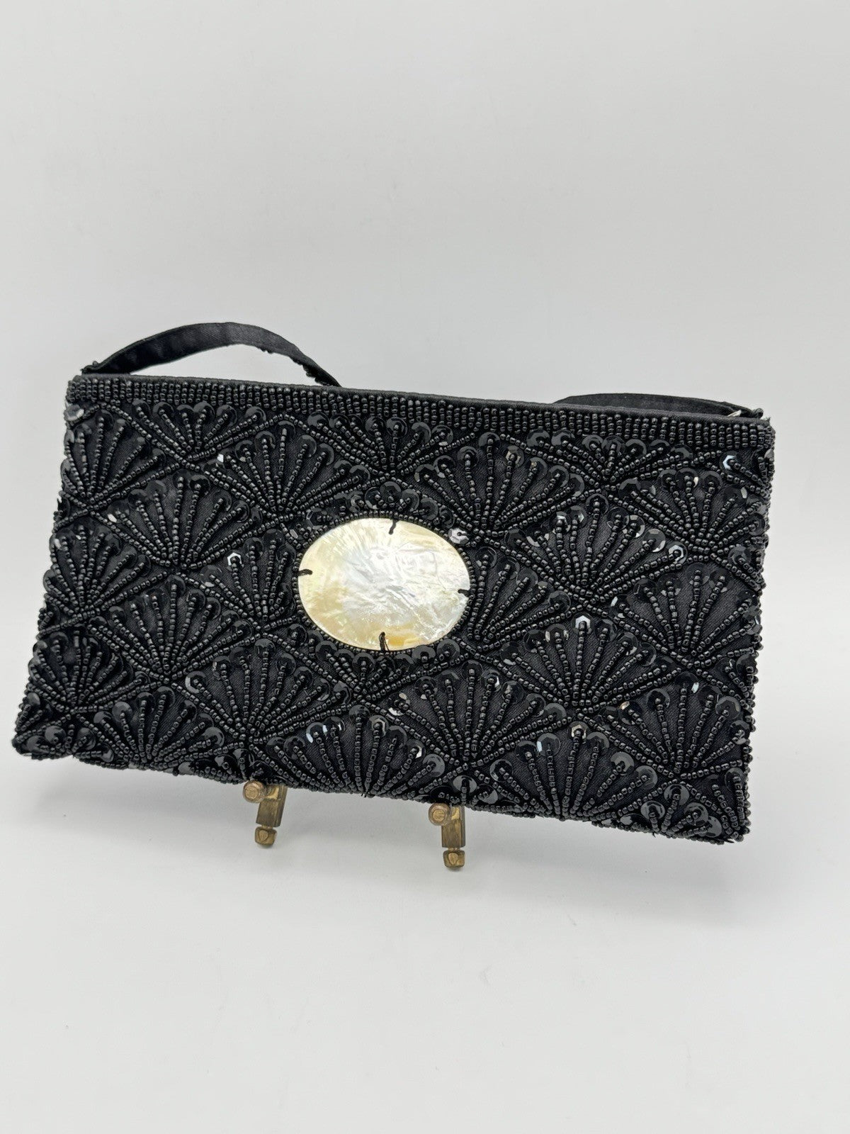Vintage 80s Beaded Black Clutch MOP Accent Small Strap ESTATE FIND