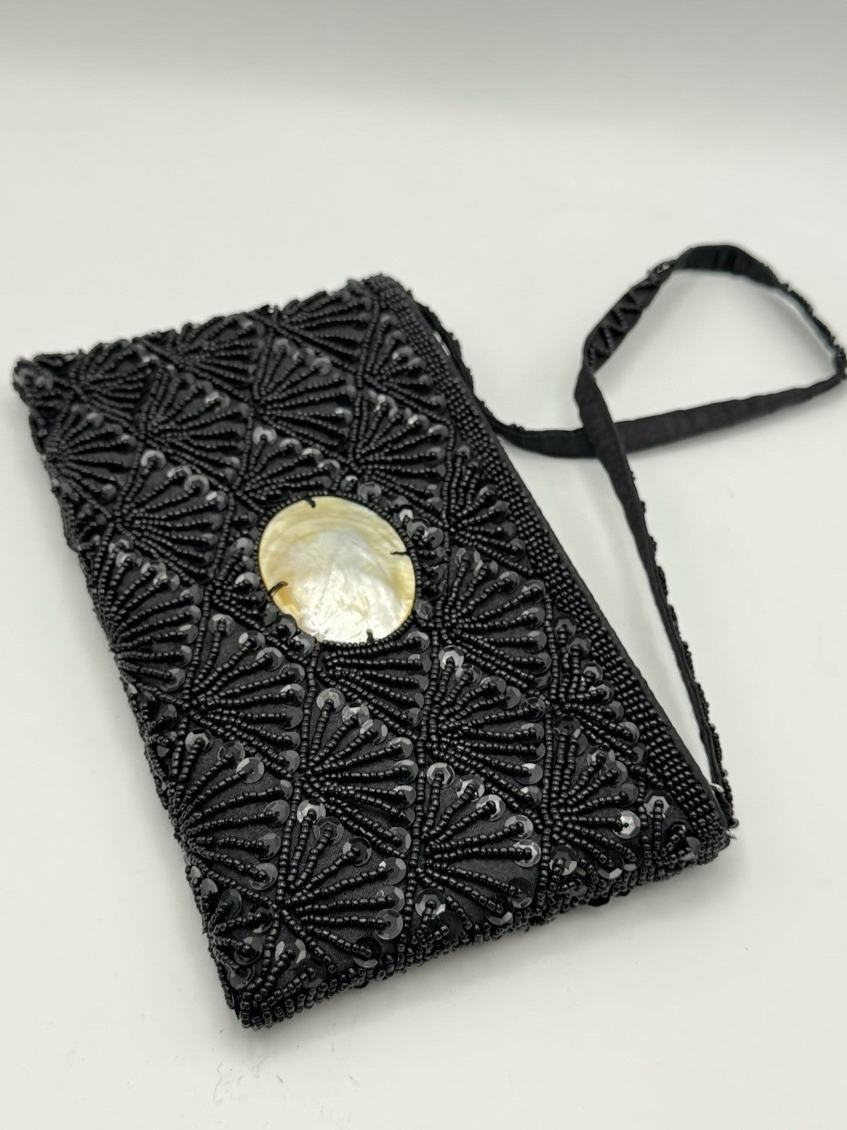 Vintage 80s Beaded Black Clutch MOP Accent Small Strap ESTATE FIND