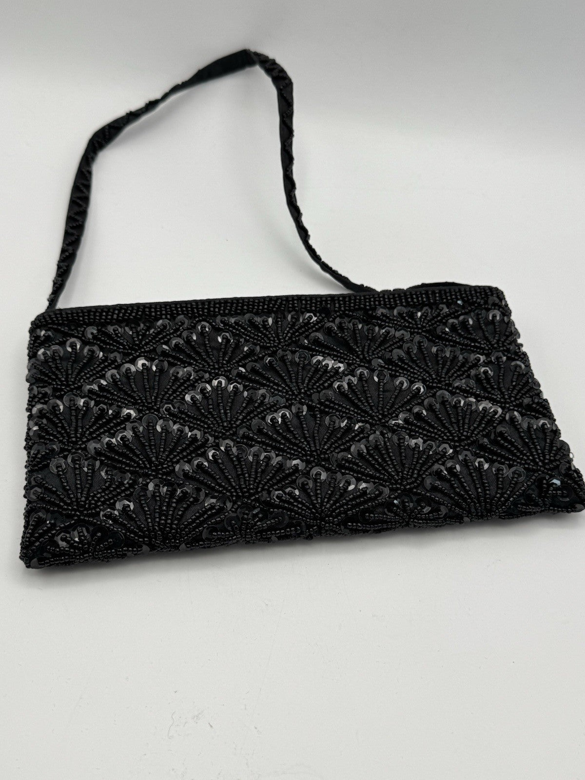 Vintage 80s Beaded Black Clutch MOP Accent Small Strap ESTATE FIND