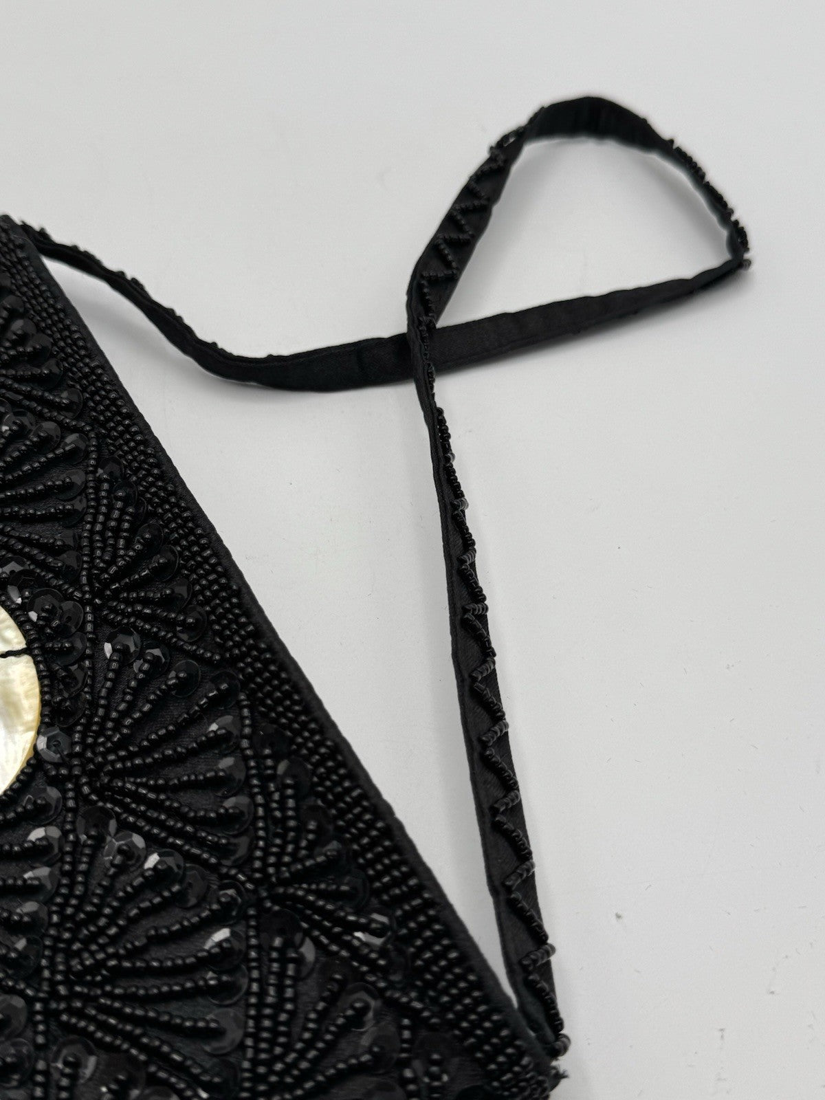 Vintage 80s Beaded Black Clutch MOP Accent Small Strap ESTATE FIND