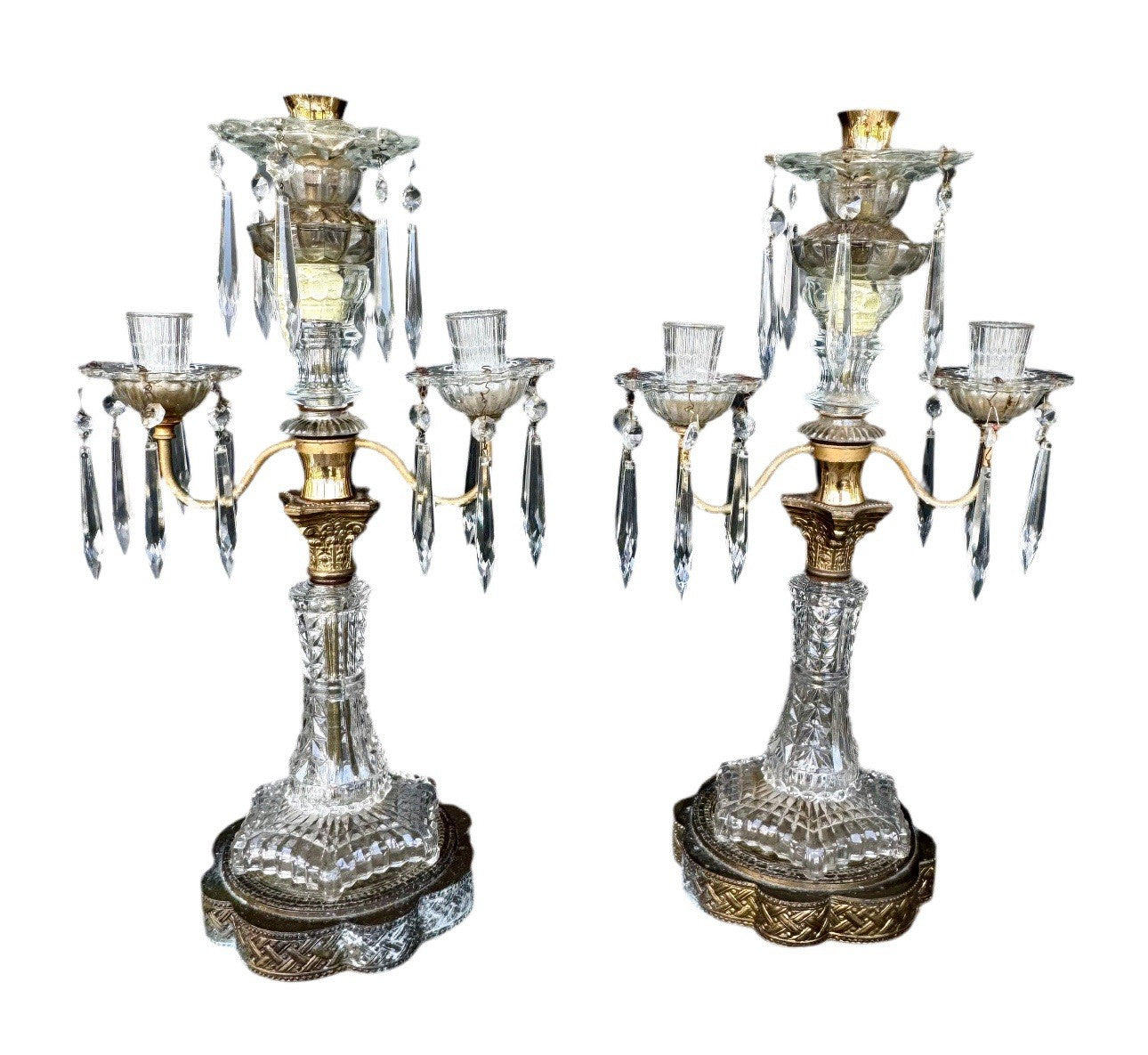 Vintage Antique Style Crystal Brass 3 Flame Candlabra Pair Dark Academia 17.25”h