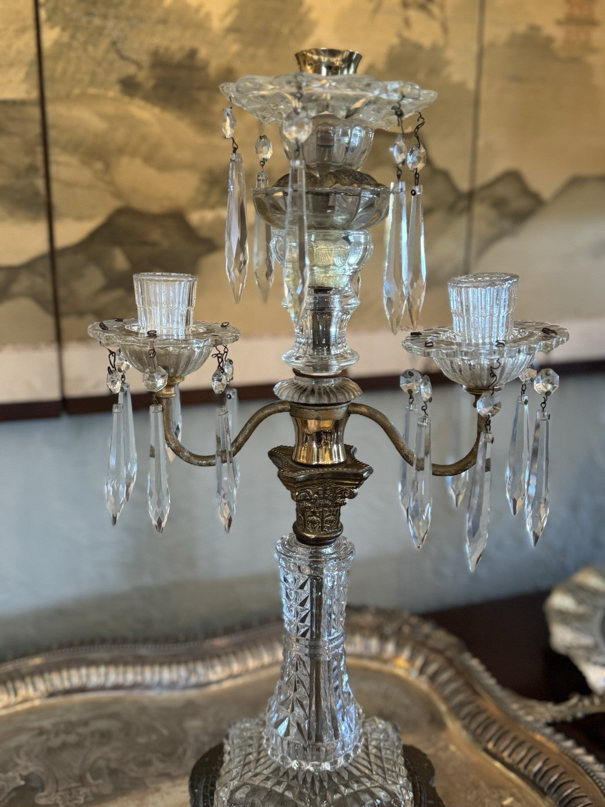Vintage Antique Style Crystal Brass 3 Flame Candlabra Pair Dark Academia 17.25”h