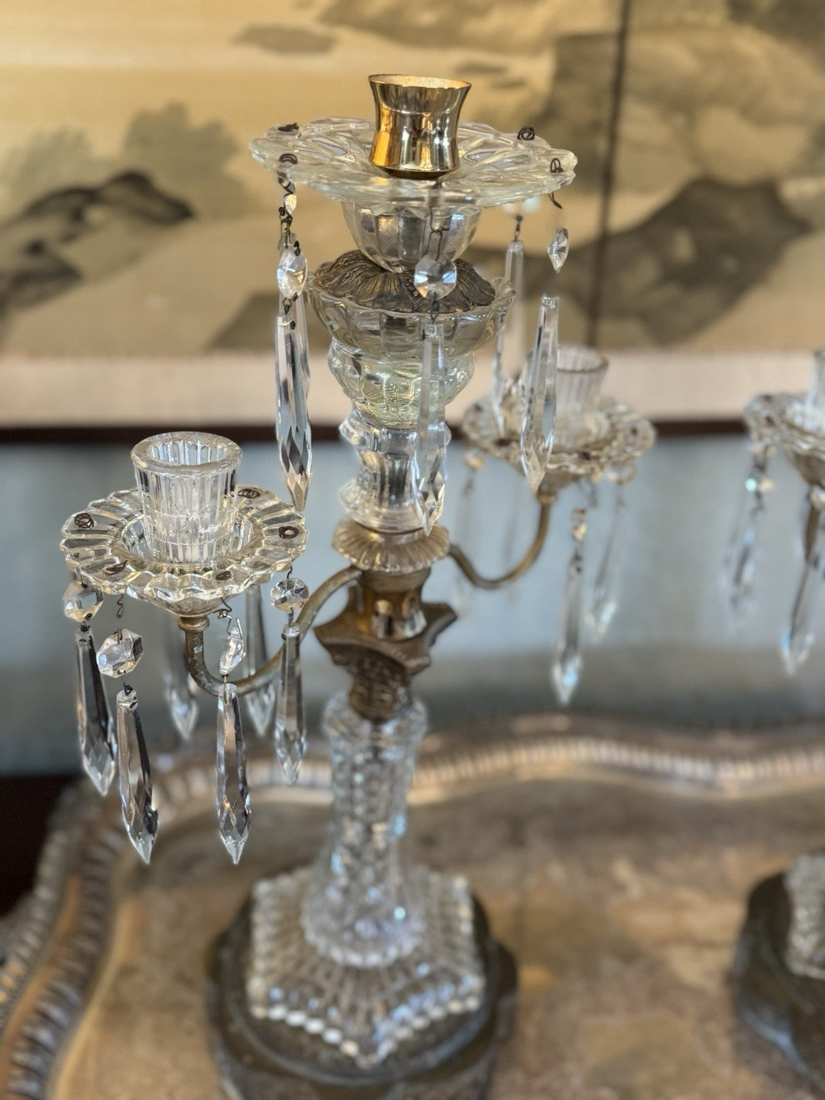 Vintage Antique Style Crystal Brass 3 Flame Candlabra Pair Dark Academia 17.25”h