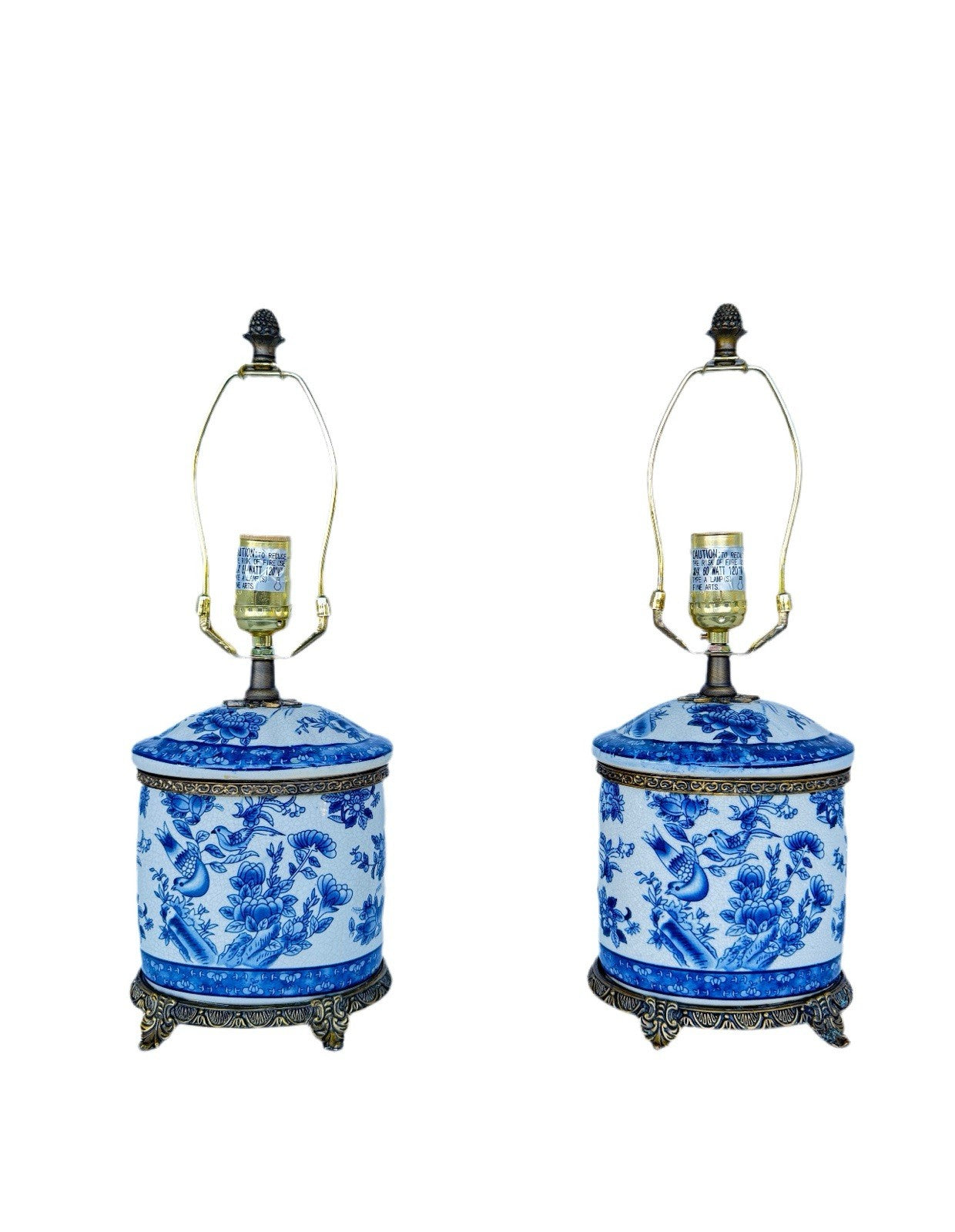 Pair Vintage Blue & White Porcelain Chinoiserie Lamps Brass Base Floral Birds