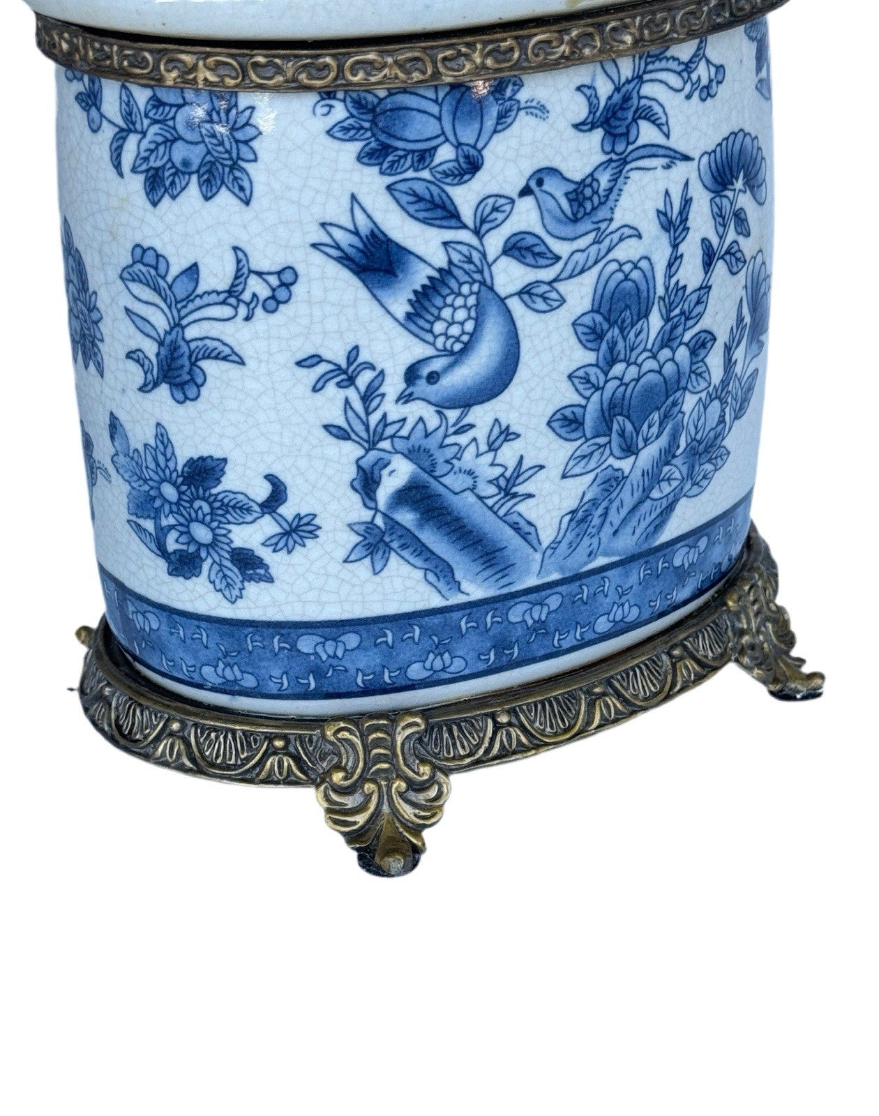Pair Vintage Blue & White Porcelain Chinoiserie Lamps Brass Base Floral Birds