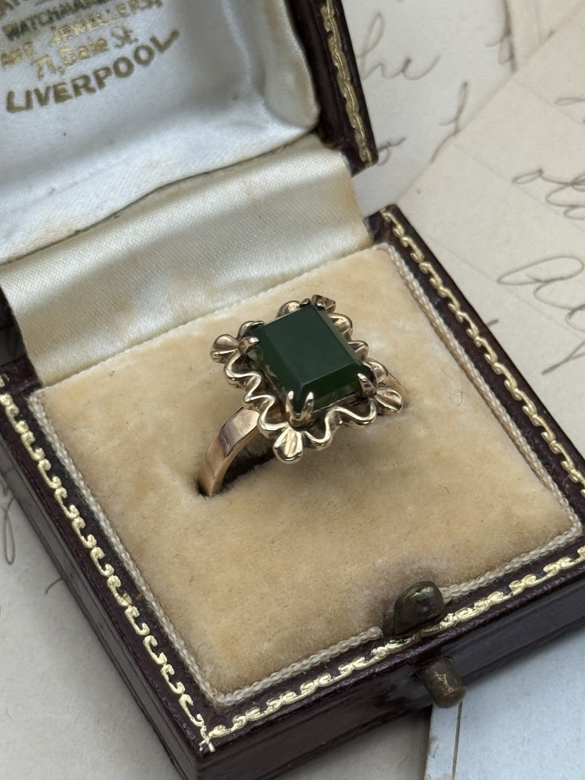 Vintage 14k Rose Gold Ring w/ Large Green Stone Size 6.25 ESTATE FIND