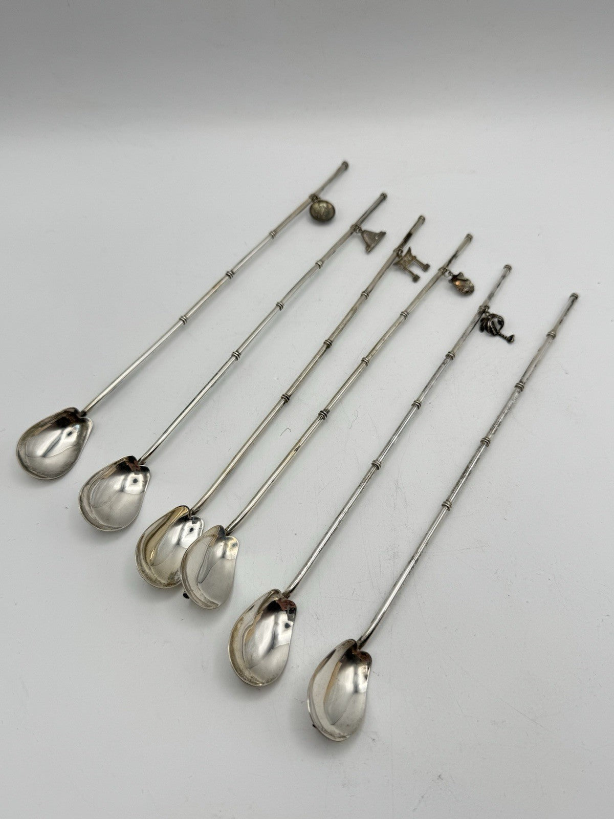 Japanese Iced Tea Sipper Spoons Set 6 Figural Charms Sterling Silver 950 Marked