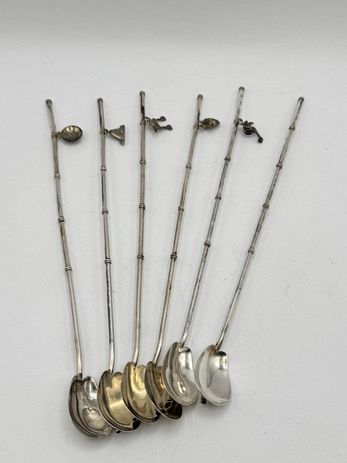 Japanese Iced Tea Sipper Spoons Set 6 Figural Charms Sterling Silver 950 Marked