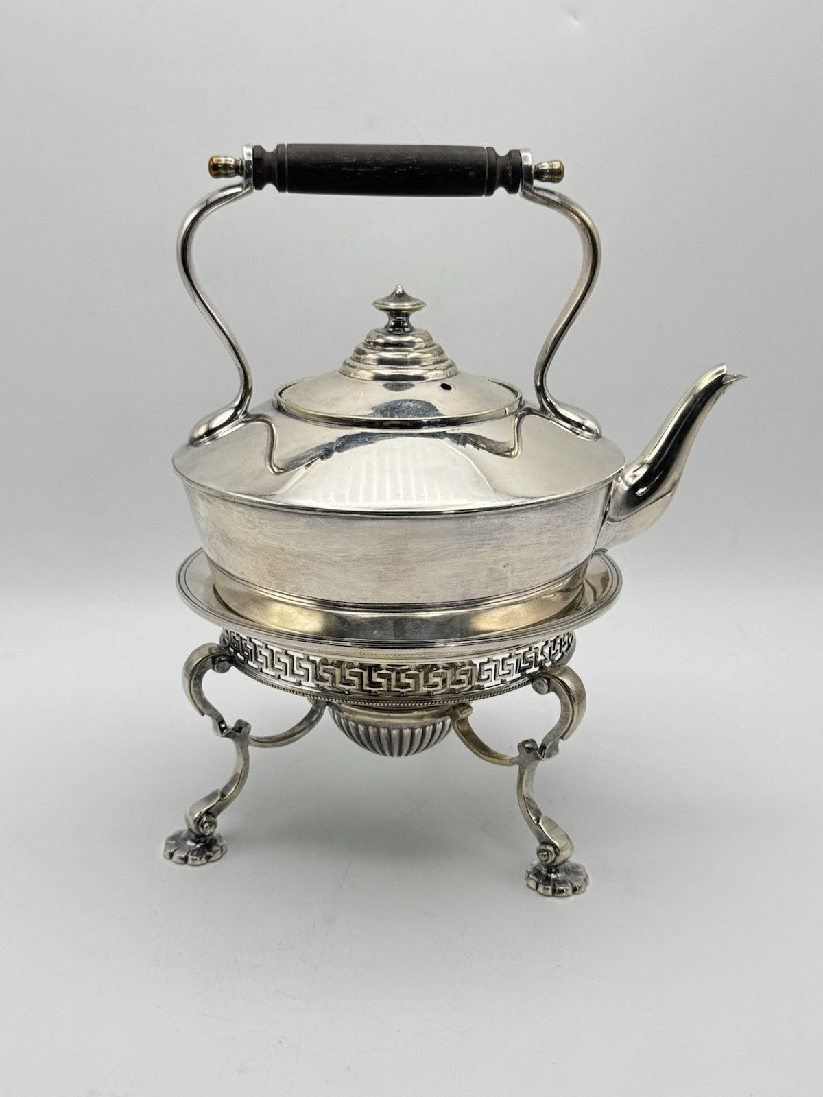 Edwardian Silverplate Teapot on Stand with Burner – Greek Key Design