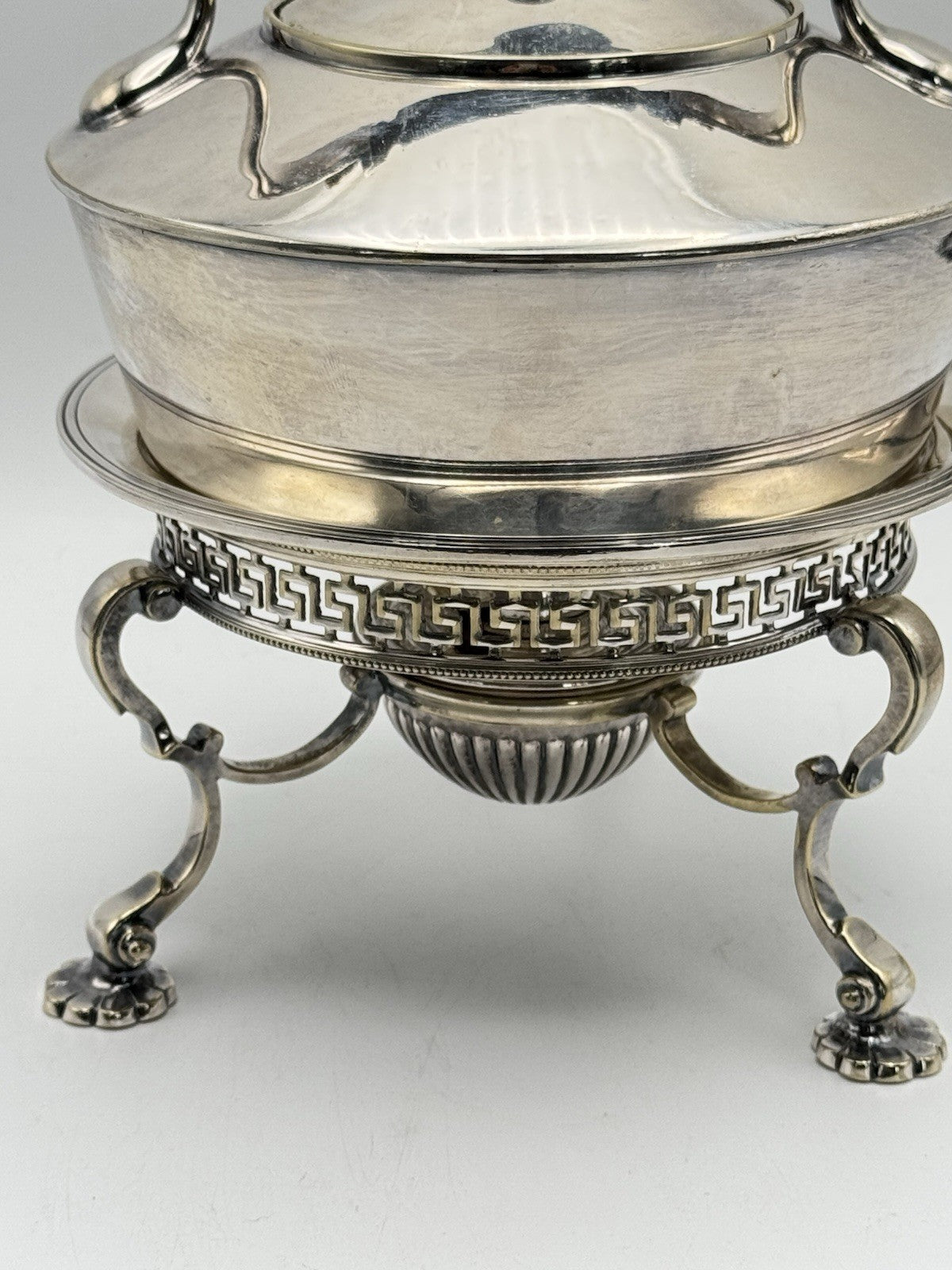 Edwardian Silverplate Teapot on Stand with Burner – Greek Key Design