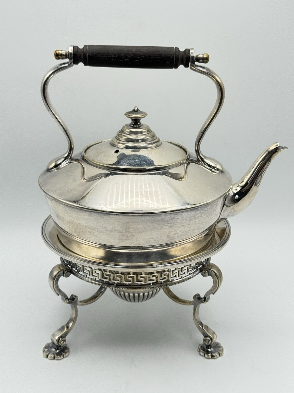 Edwardian Silverplate Teapot on Stand with Burner – Greek Key Design