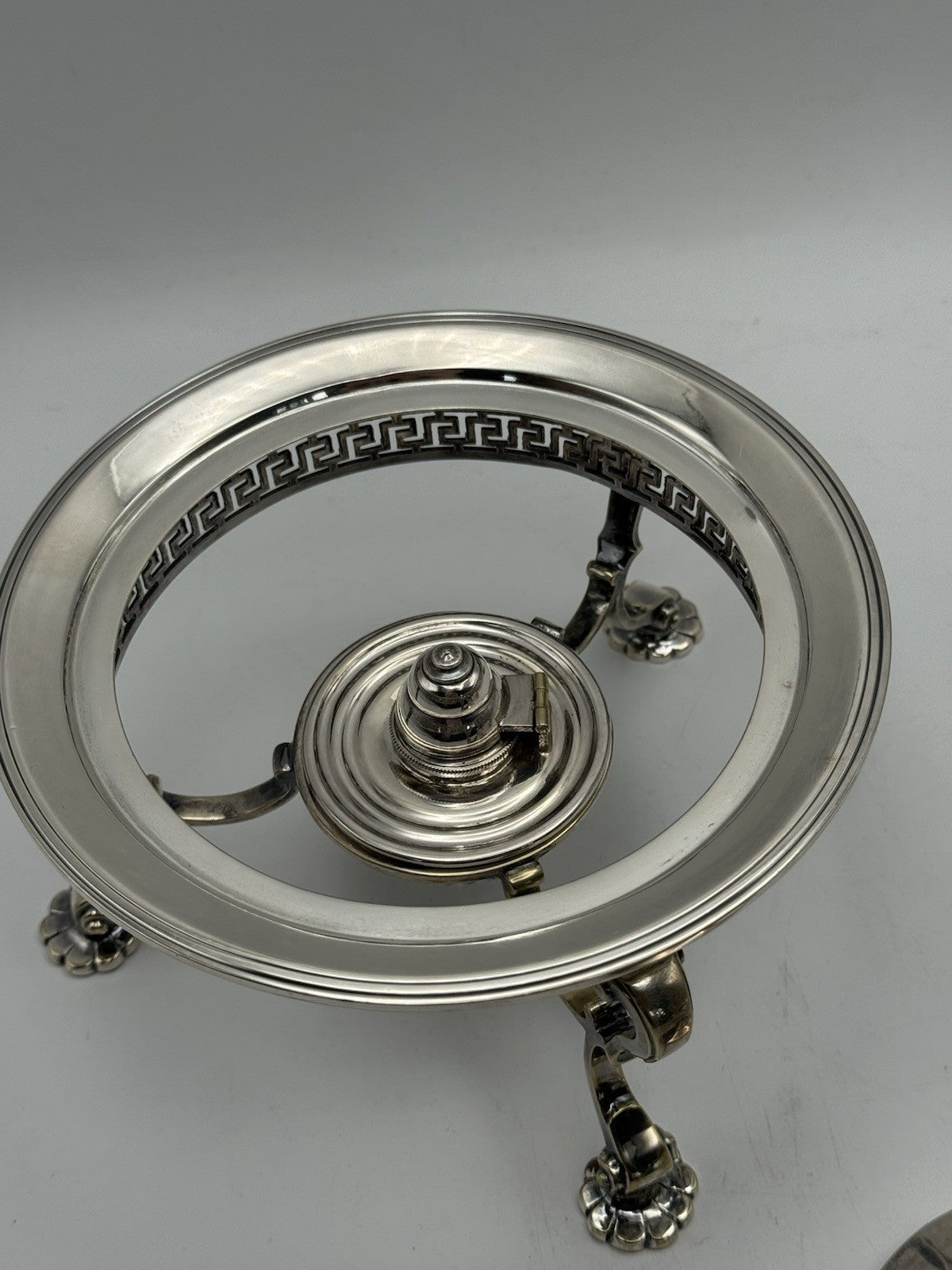 Edwardian Silverplate Teapot on Stand with Burner – Greek Key Design