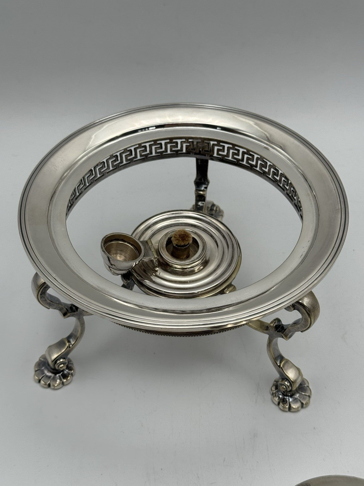 Edwardian Silverplate Teapot on Stand with Burner – Greek Key Design