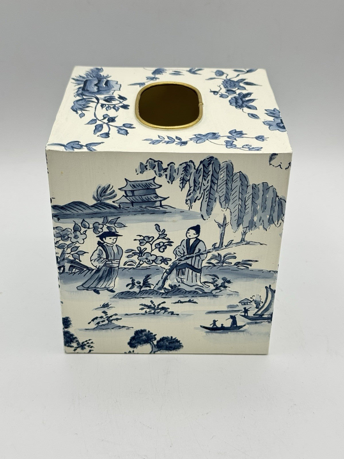 Vintage Metal Chinoiserie Tissue Box Cover – Blue & Cream Scenic Design Toleware