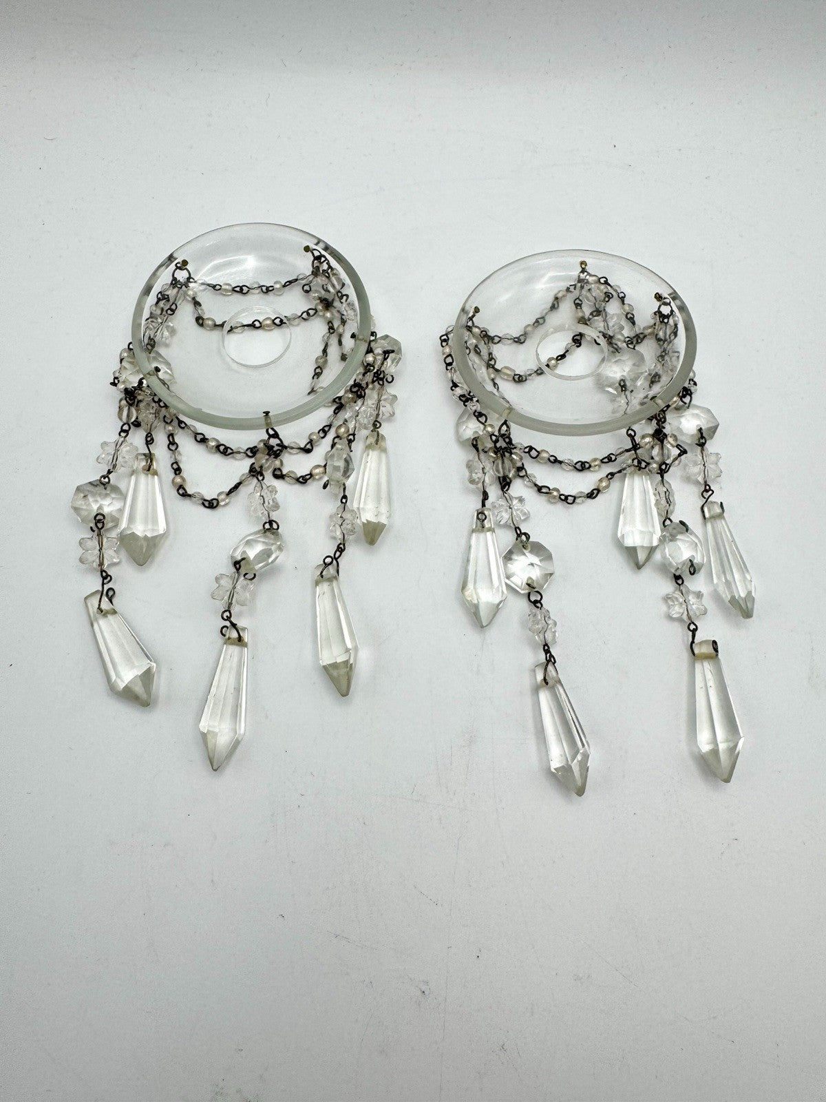 2 Antique Style Crystal Bobeche Candle Drip Pans w/ Prisms 3” Diameter 4.75”