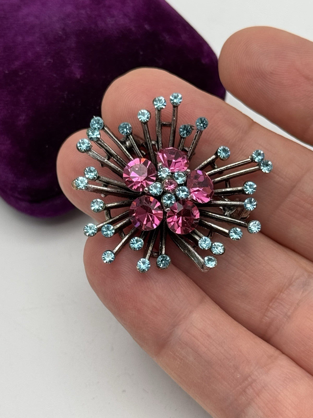 Vintage Sputnik Style Brooch Pink Ice Blue 1.46”