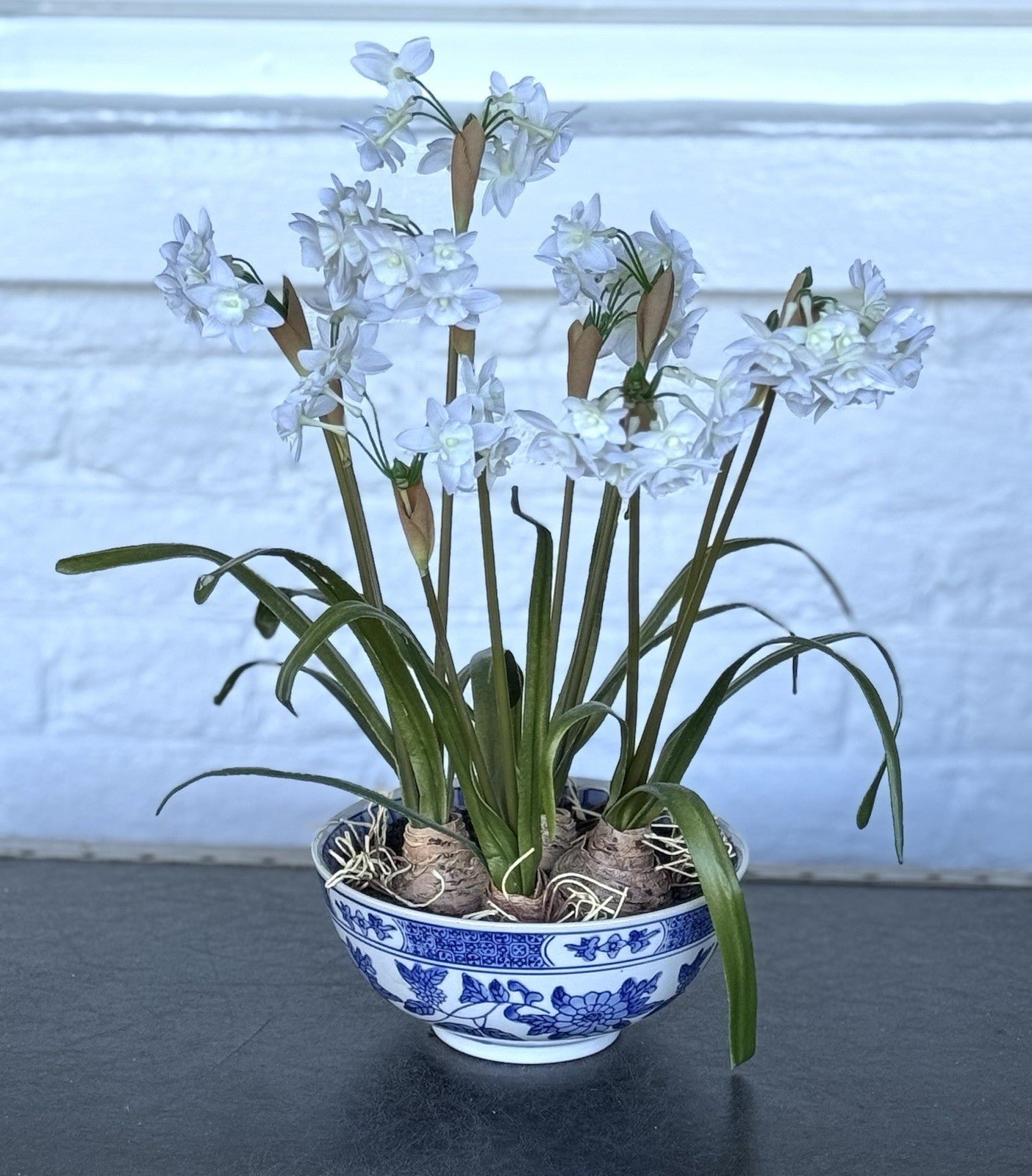 1 X Asian Artificial Narcissus Flower Arrangement 17” Tall Porcelain Bowl Decor