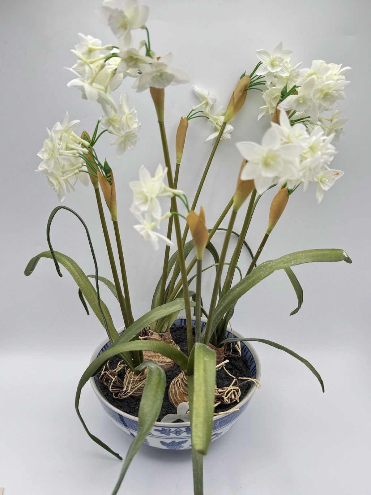 1 X Asian Artificial Narcissus Flower Arrangement 17” Tall Porcelain Bowl Decor