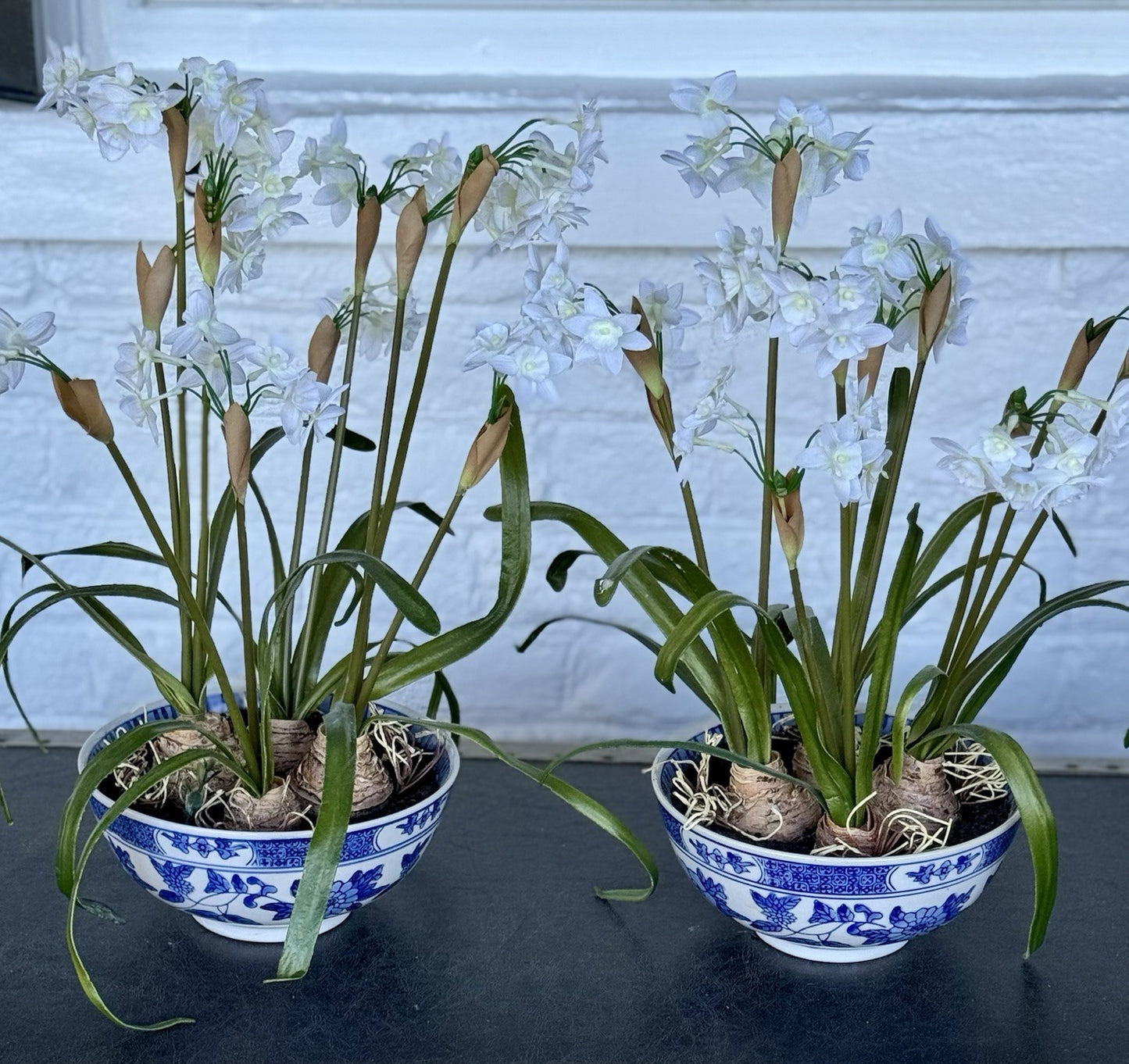 Asian Artificial Narcissus Flower Arrangement 17” Tall Porcelain Bowl Decor