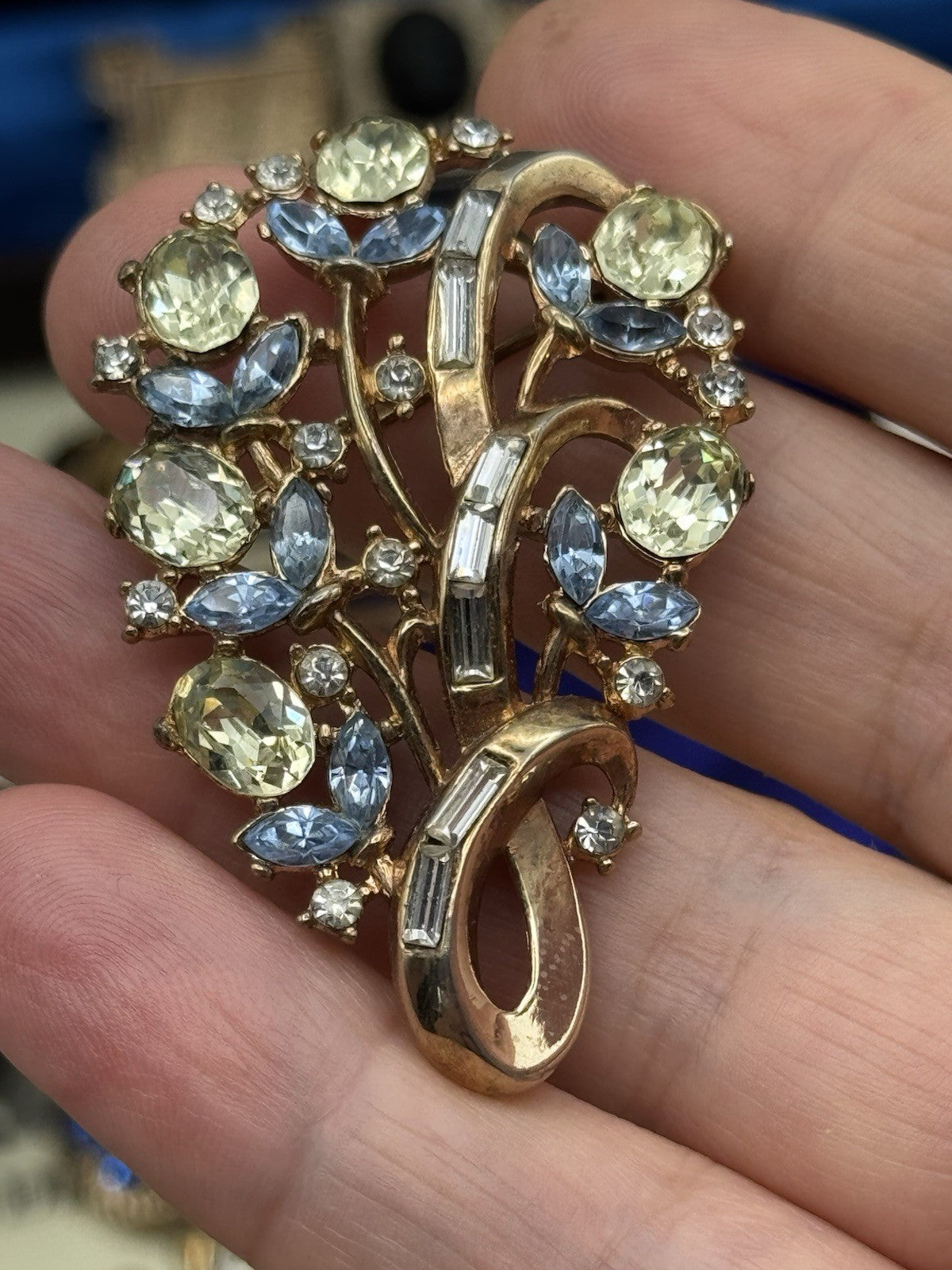 Vintage Crown Trifari Floral Spray Brooch Blue Lemon Rhinestone Baguettes 2.28”