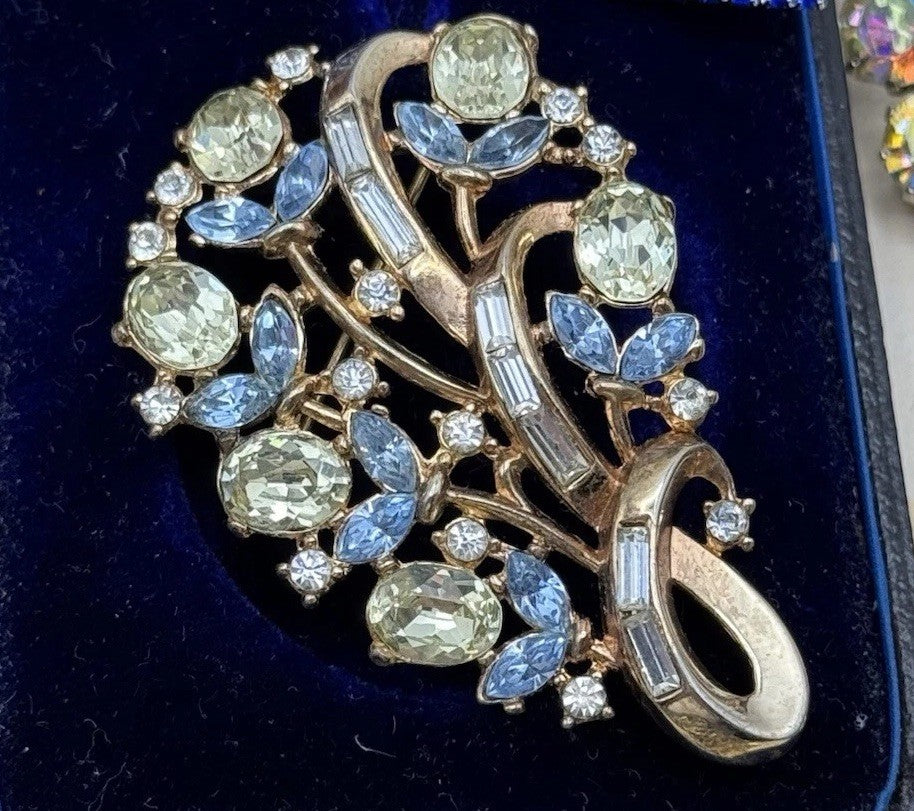 Vintage Crown Trifari Floral Spray Brooch Blue Lemon Rhinestone Baguettes 2.28”