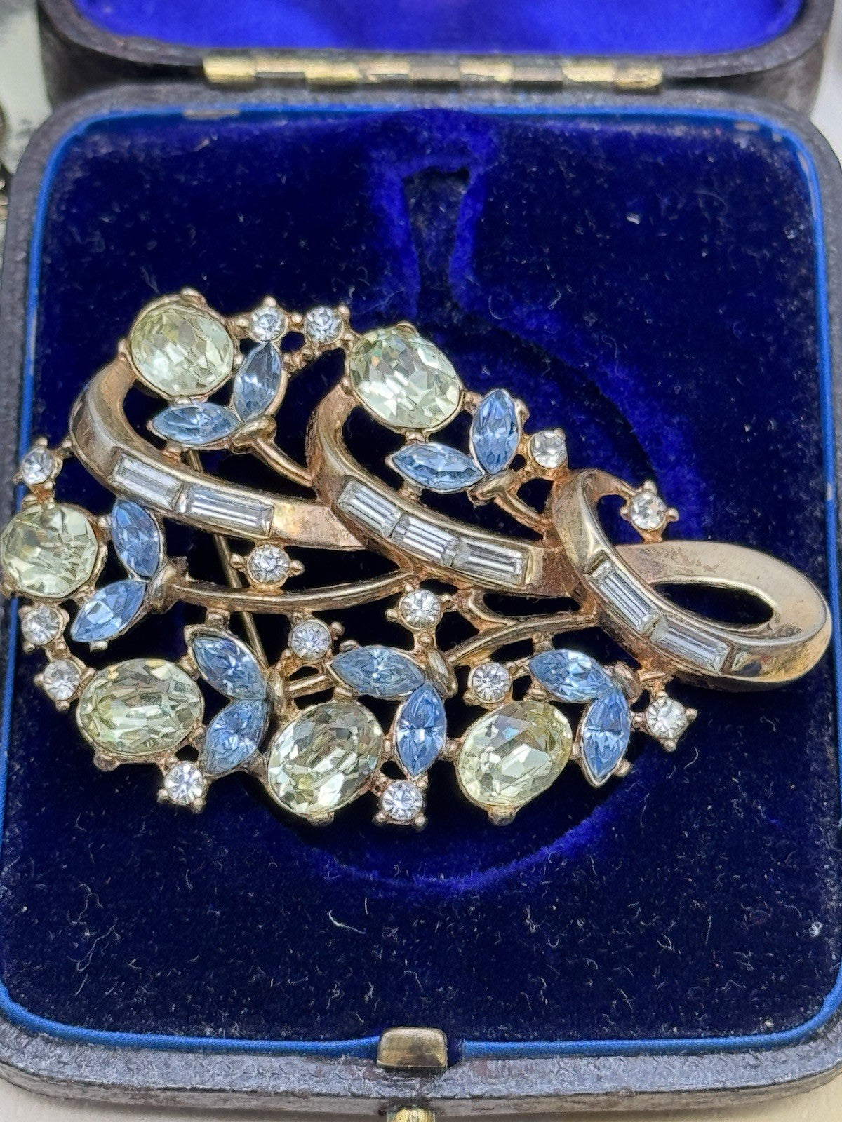 Vintage Crown Trifari Floral Spray Brooch Blue Lemon Rhinestone Baguettes 2.28”