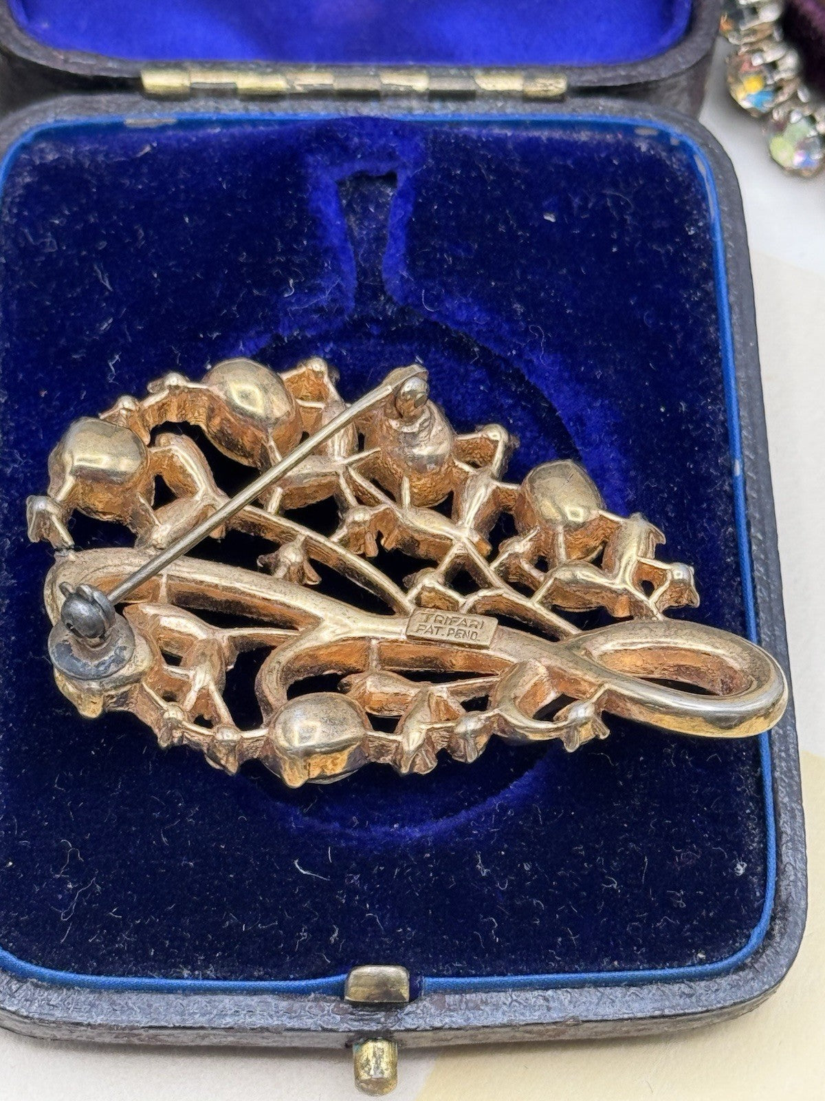 Vintage Crown Trifari Floral Spray Brooch Blue Lemon Rhinestone Baguettes 2.28”