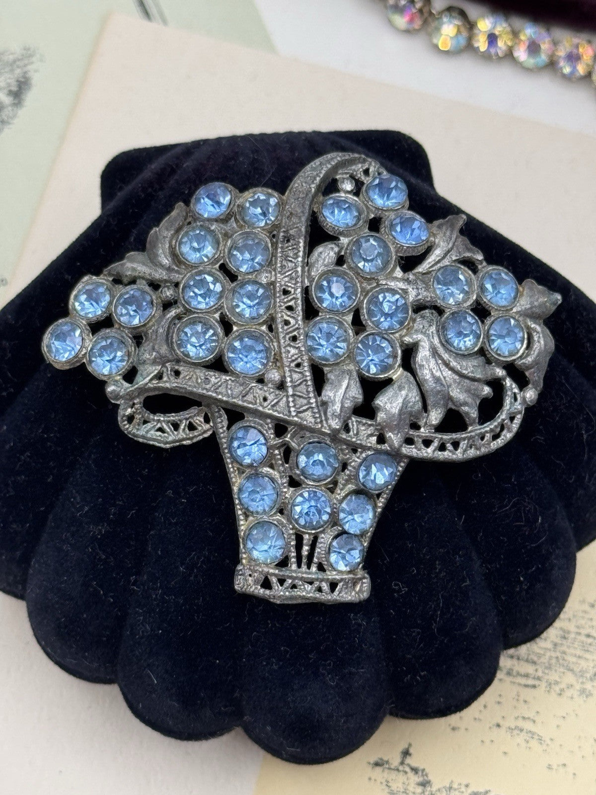 Vintage Brooch LARGE Pot Metal Basket Piercing Blue Brooch 2.28”