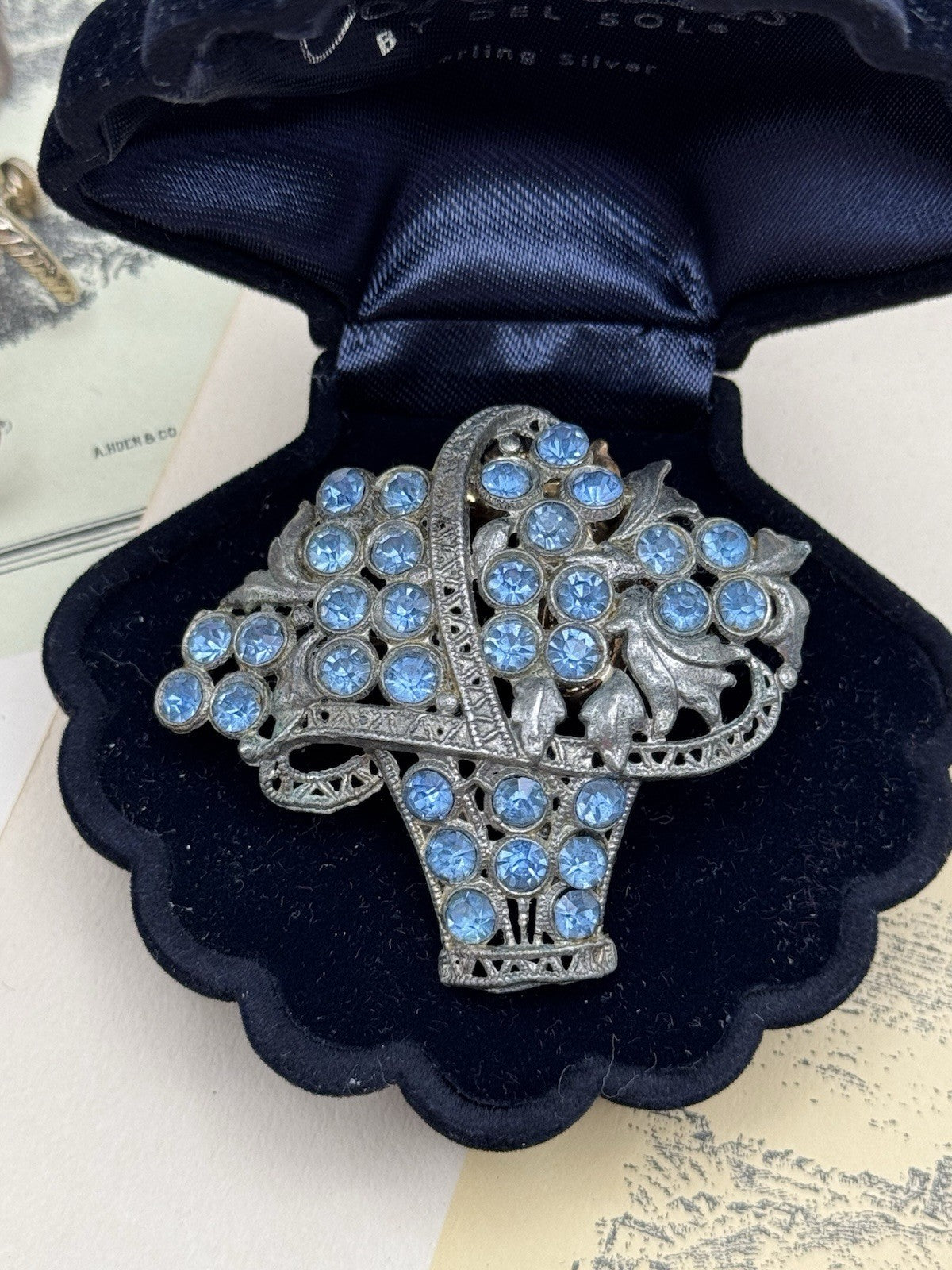 Vintage Brooch LARGE Pot Metal Basket Piercing Blue Brooch 2.28”