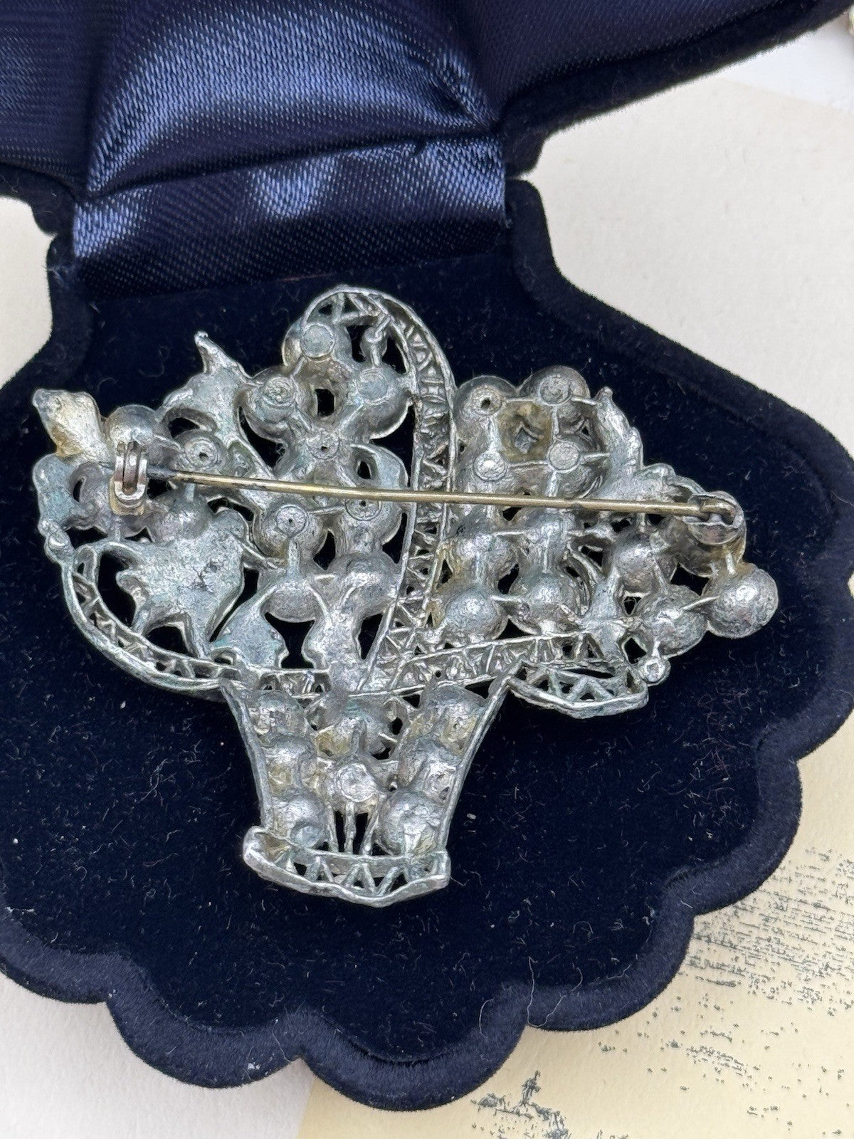 Vintage Brooch LARGE Pot Metal Basket Piercing Blue Brooch 2.28”