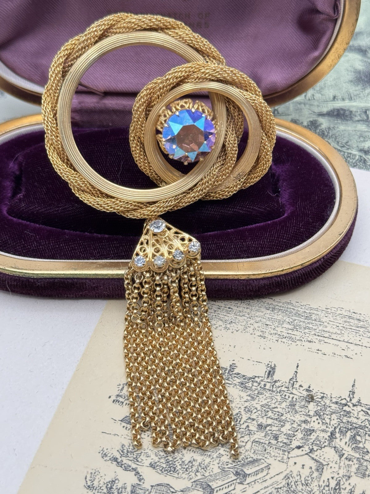 Signed Vendome Brooch Gold-Tone Tassel Rhinestone Circle Chain Fringe Pin 5”